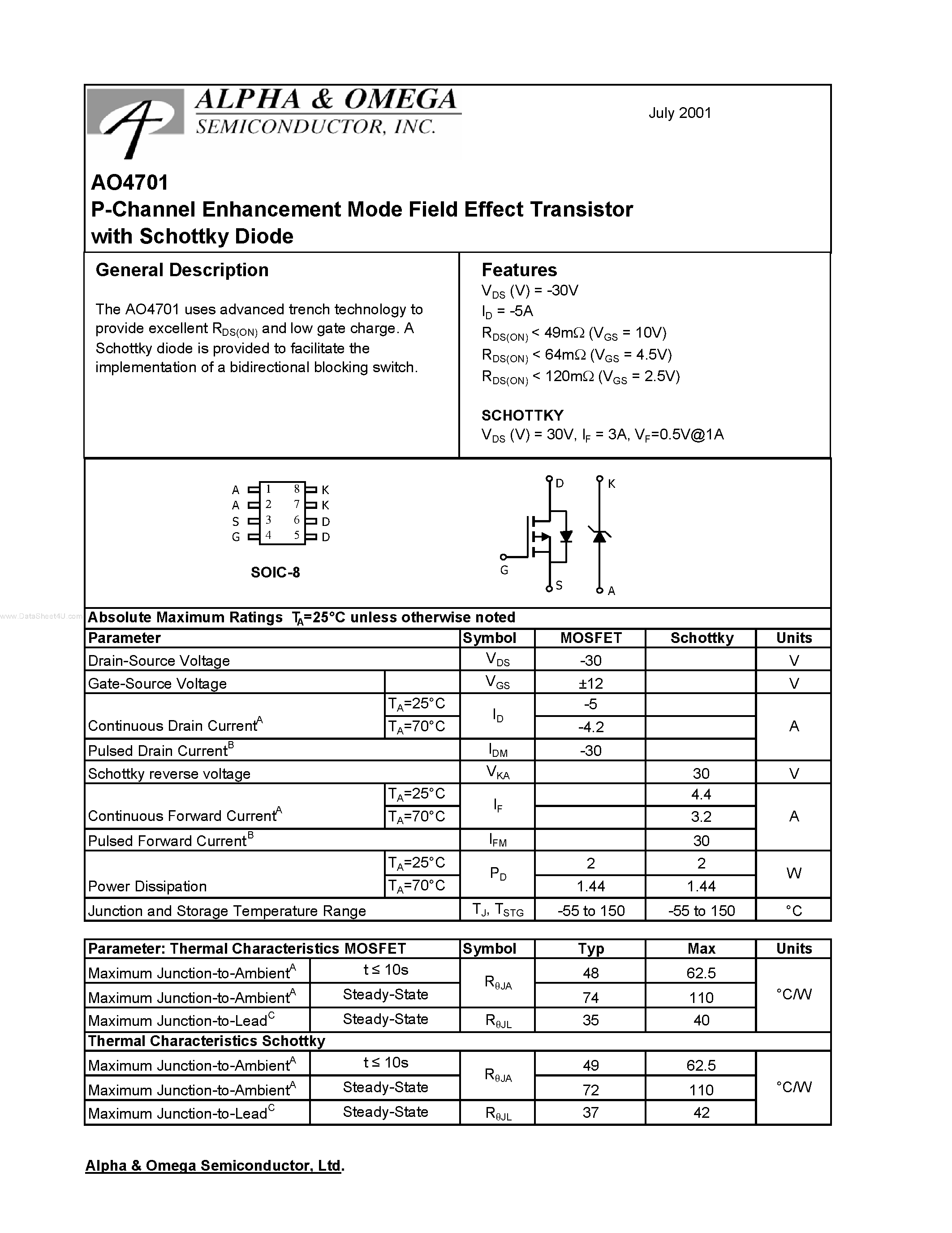 Datasheet AO4701 - P-Channel Enhancement Mode Field Effect Transistor page 1