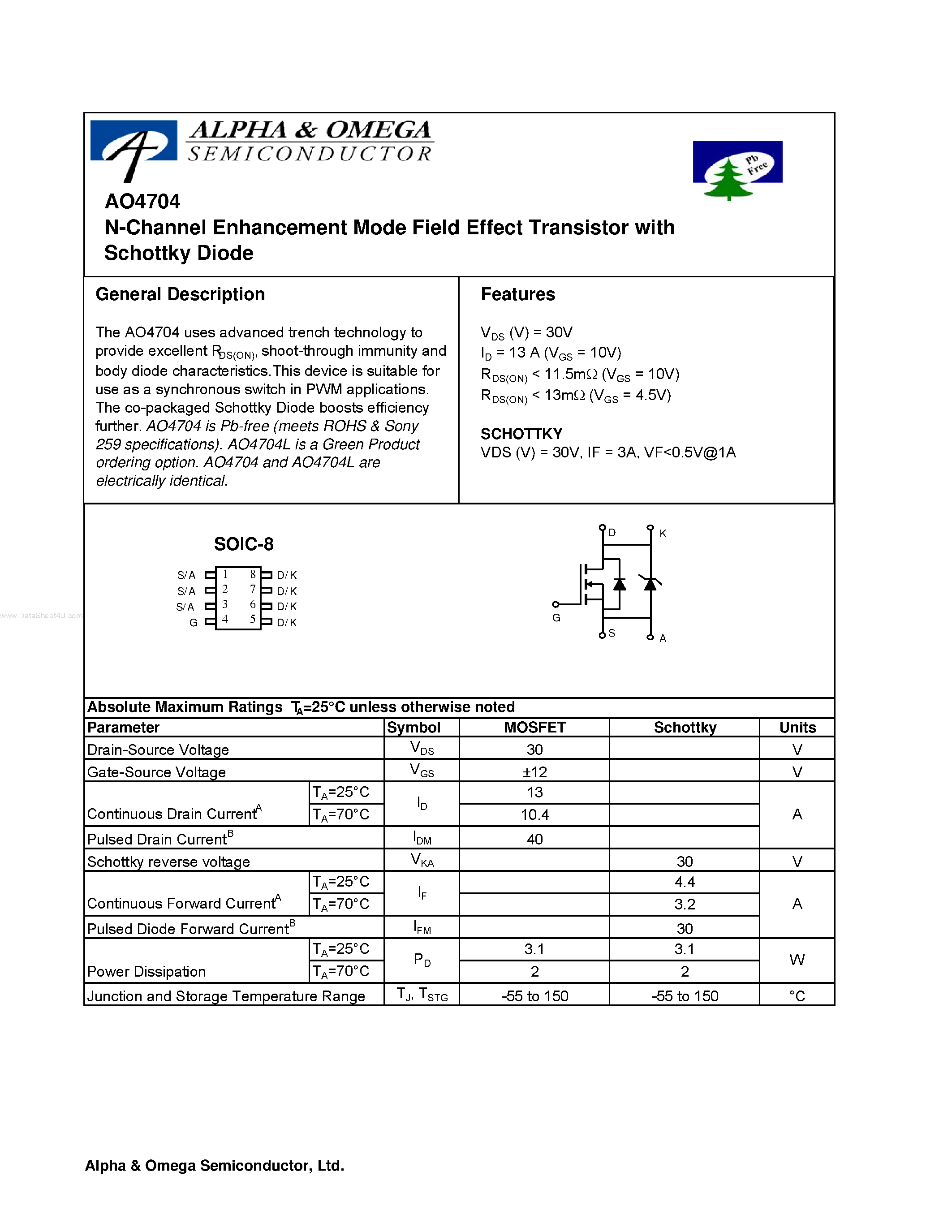Datasheet AO4704 - N-Channel Enhancement Mode Field Effect Transistor page 1