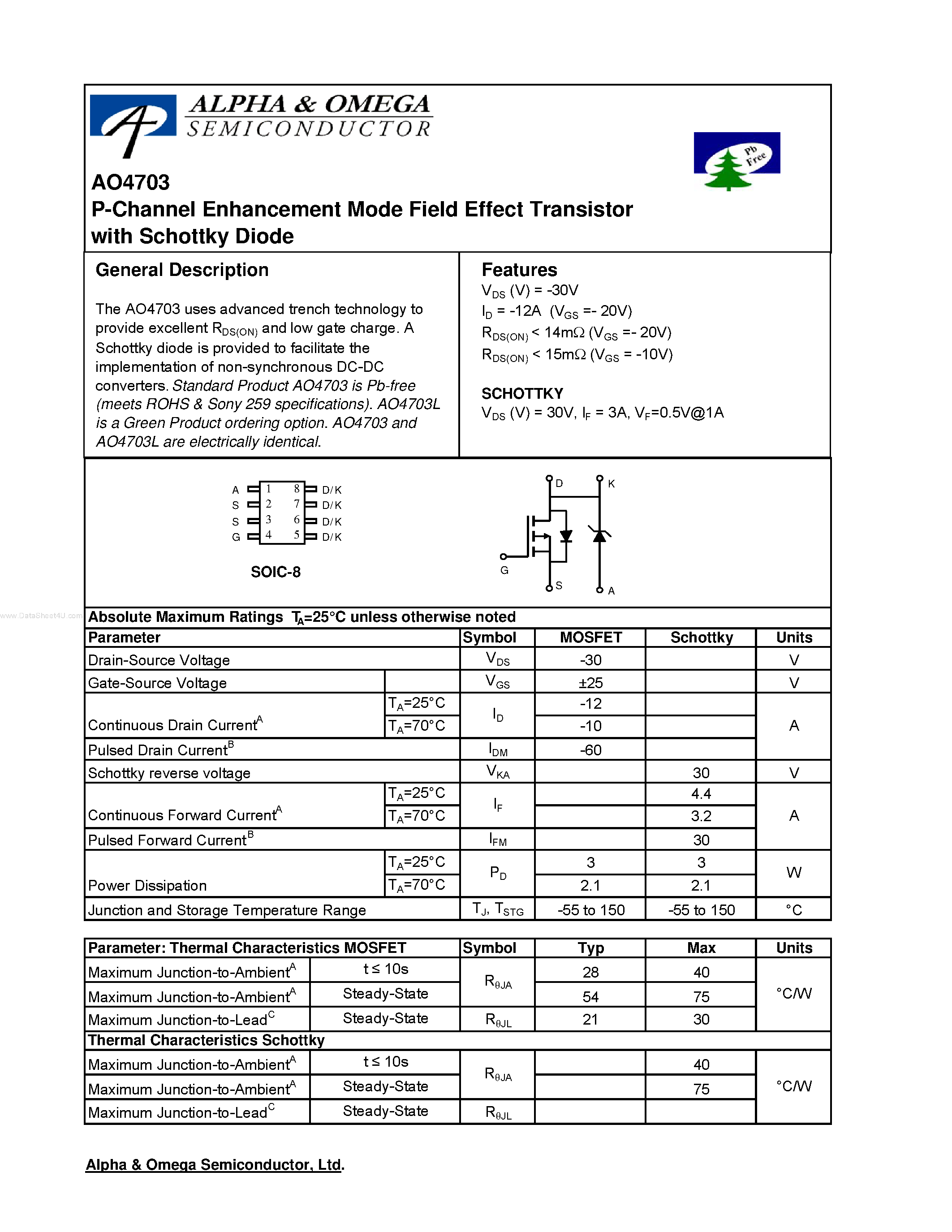 Datasheet AO4703 - P-Channel Enhancement Mode Field Effect Transistor page 1
