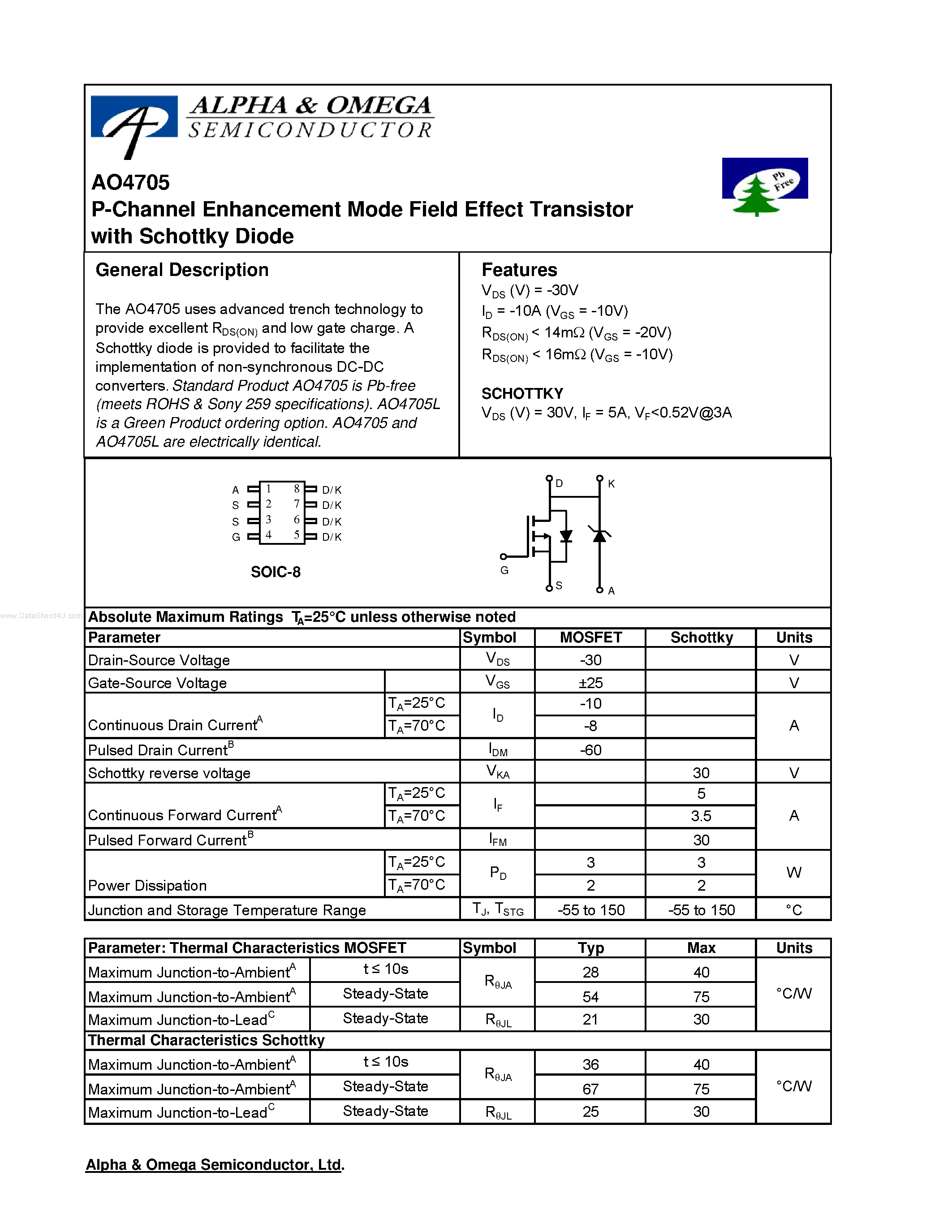 Datasheet AO4705 - P-Channel Enhancement Mode Field Effect Transistor page 1