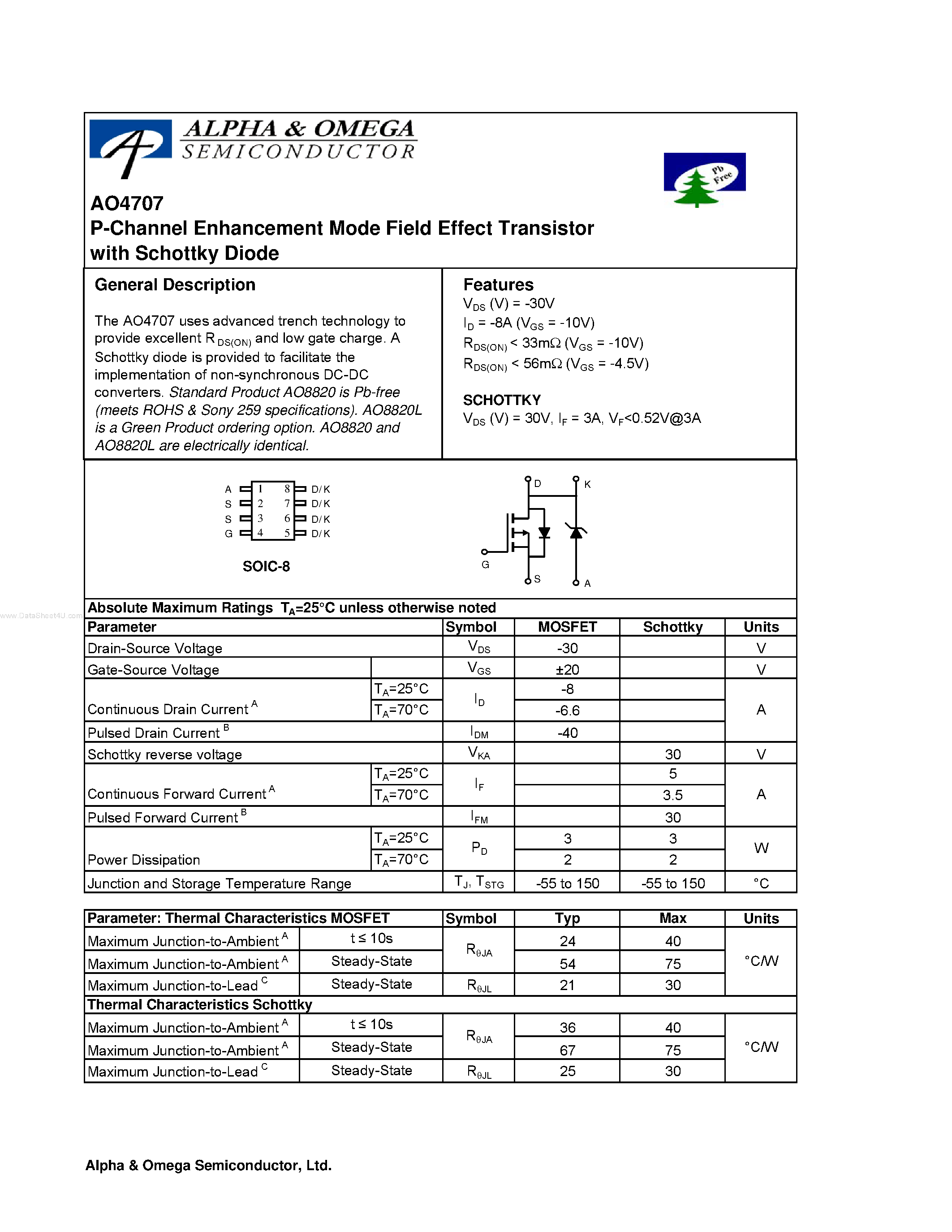 Datasheet AO4707 - P-Channel Enhancement Mode Field Effect Transistor page 1