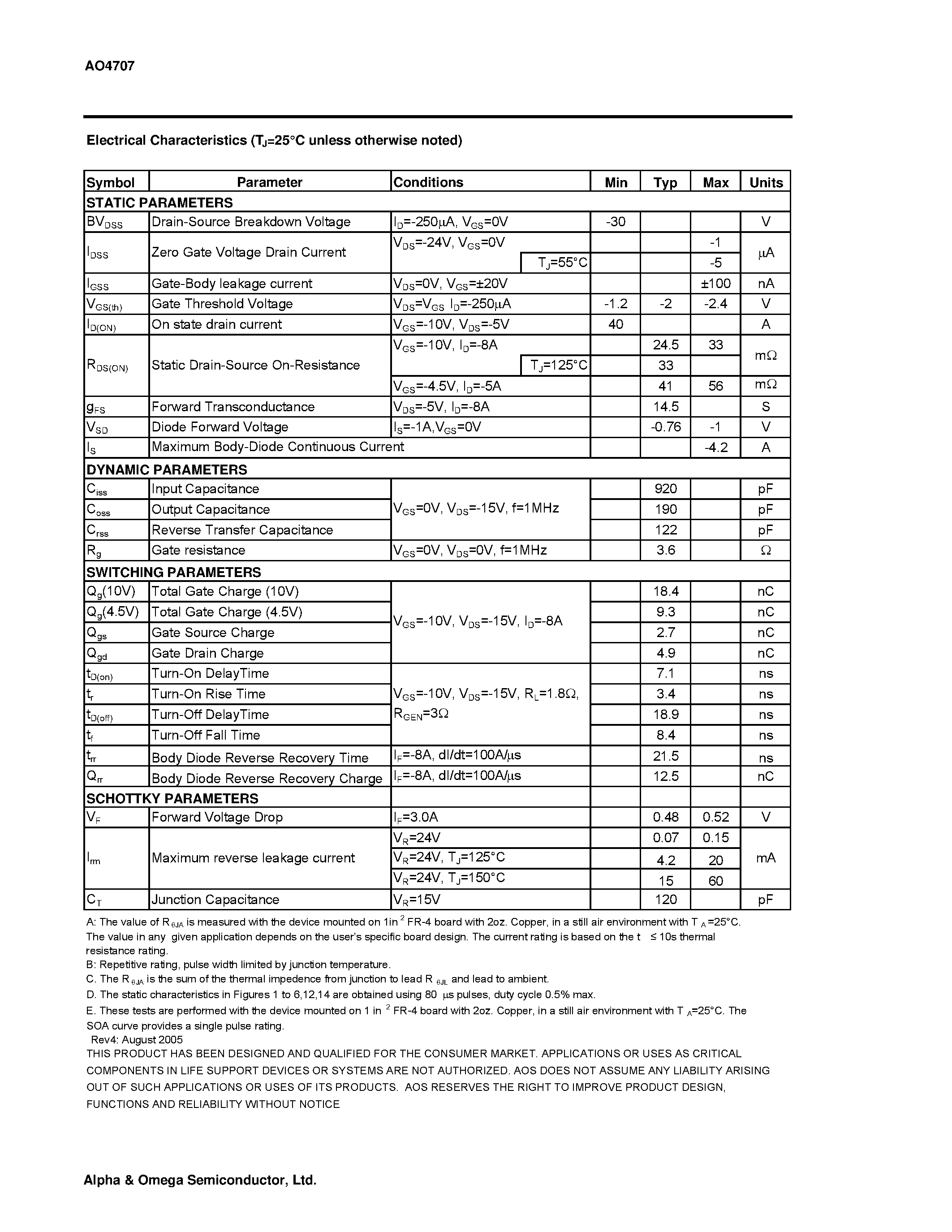 Datasheet AO4707 - P-Channel Enhancement Mode Field Effect Transistor page 2