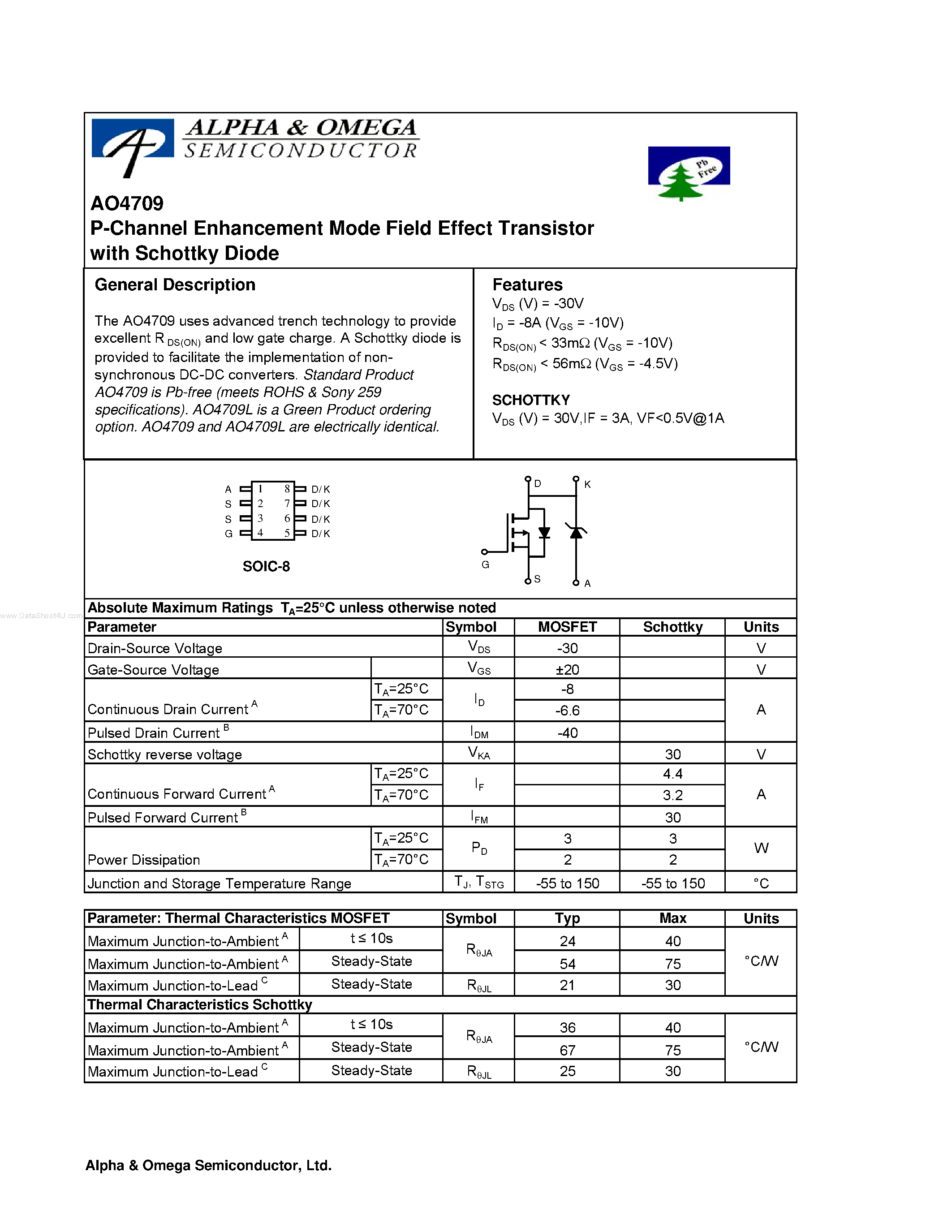 Datasheet AO4709 - P-Channel Enhancement Mode Field Effect Transistor page 1