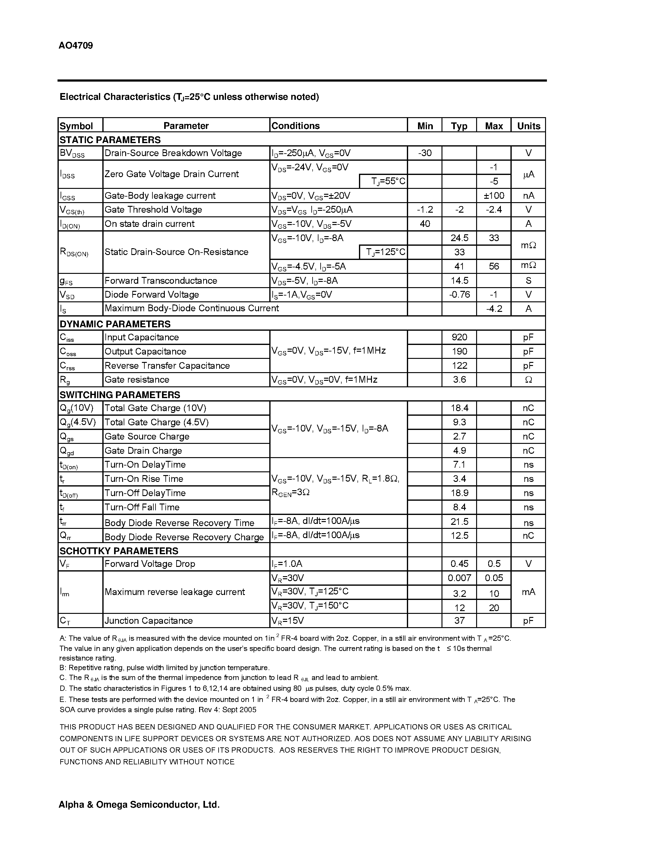 Datasheet AO4709 - P-Channel Enhancement Mode Field Effect Transistor page 2