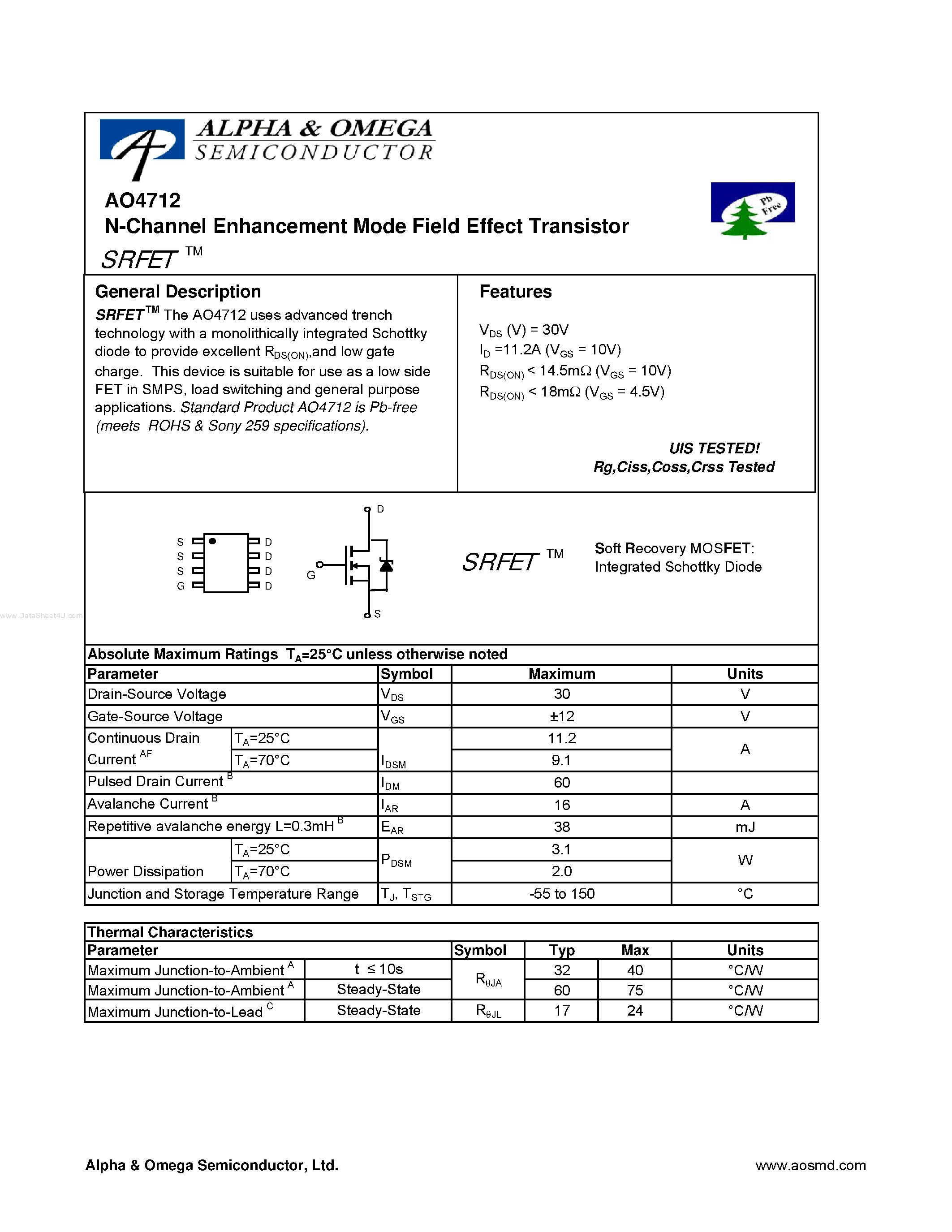 Datasheet AO4712 - N-Channel Enhancement Mode Field Effect Transistor page 1
