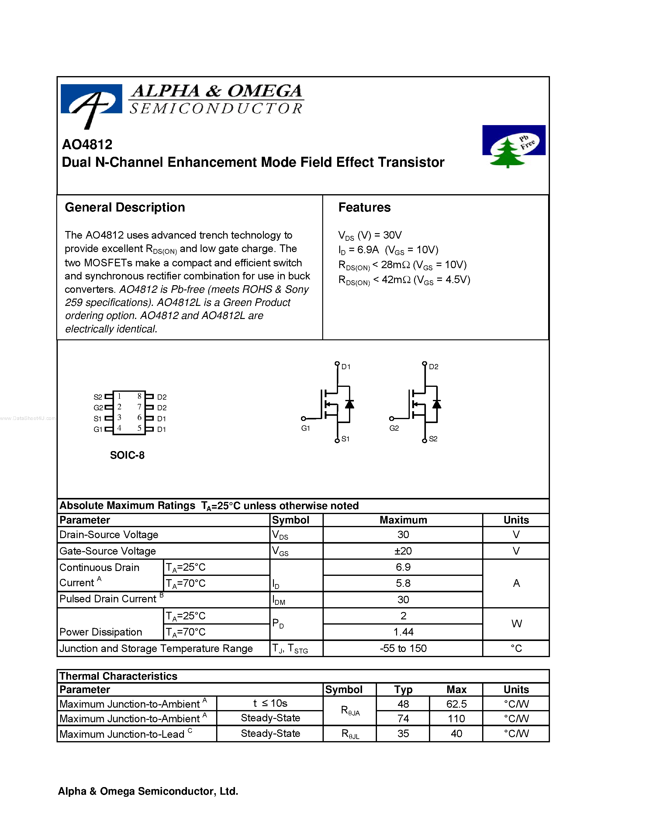 Datasheet AO4812 - Dual N-Channel Enhancement Mode Field Effect Transistor page 1