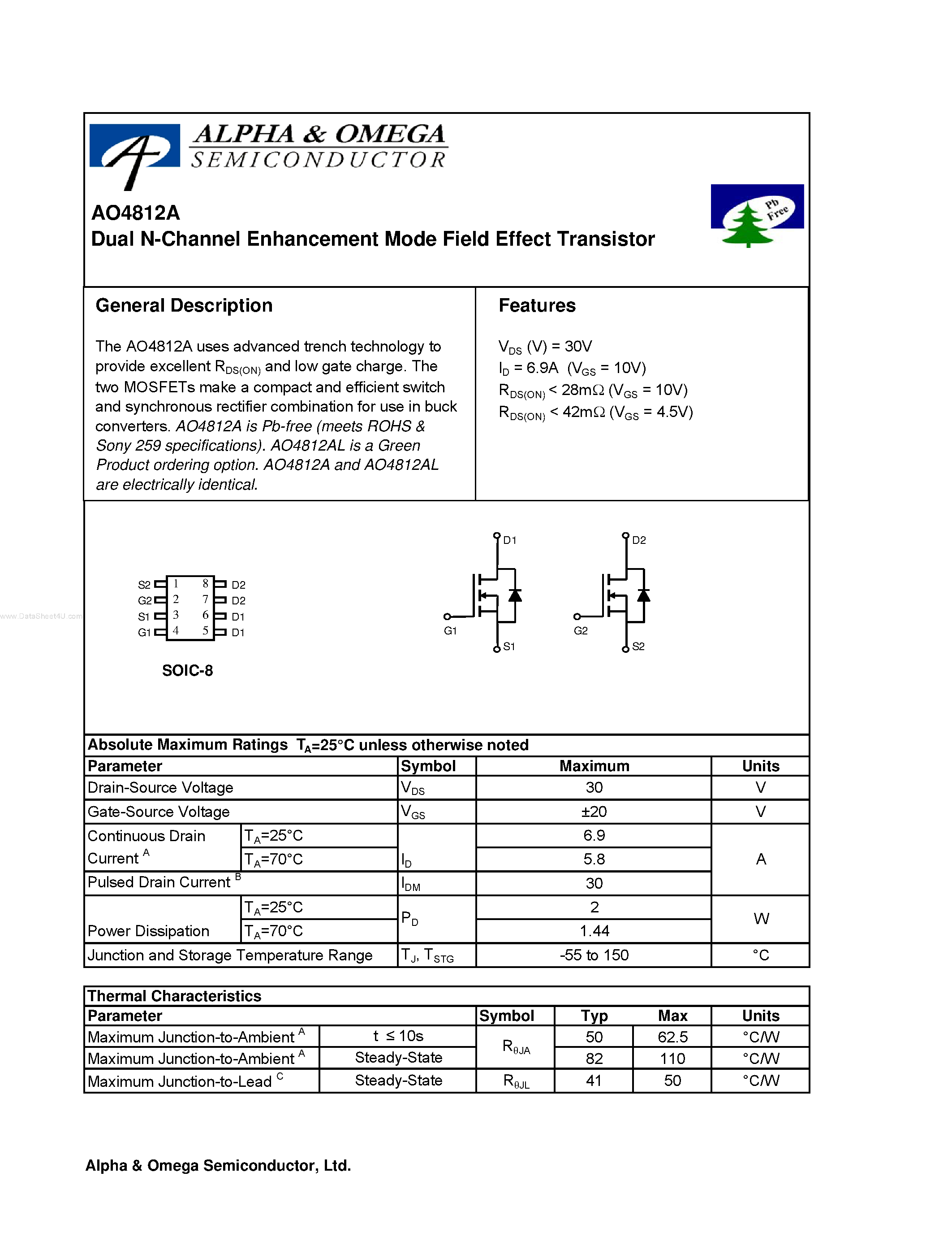 Datasheet AO4812A - Dual N-Channel Enhancement Mode Field Effect Transistor page 1