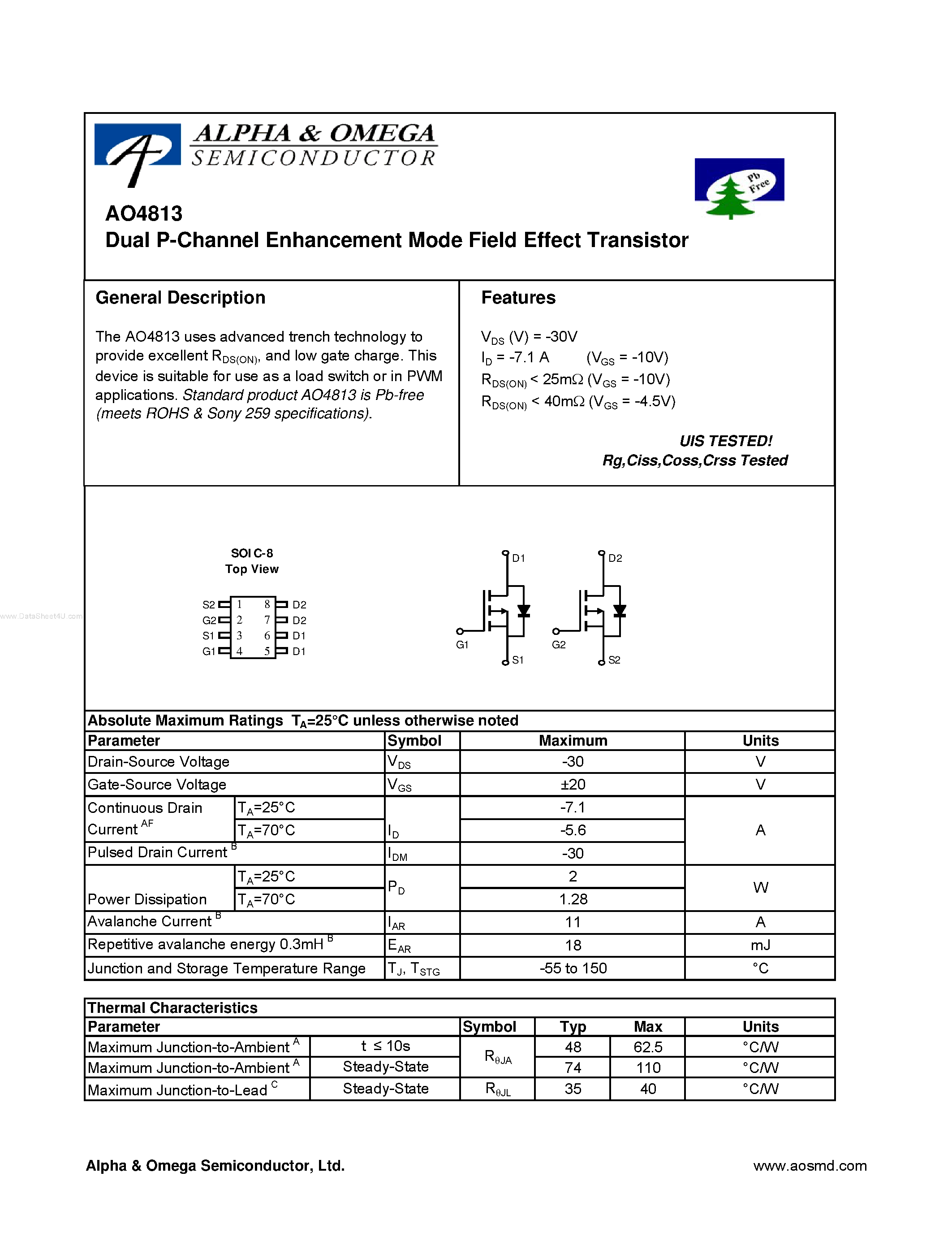 Datasheet AO4813 - Dual P-Channel Enhancement Mode Field Effect Transistor page 1