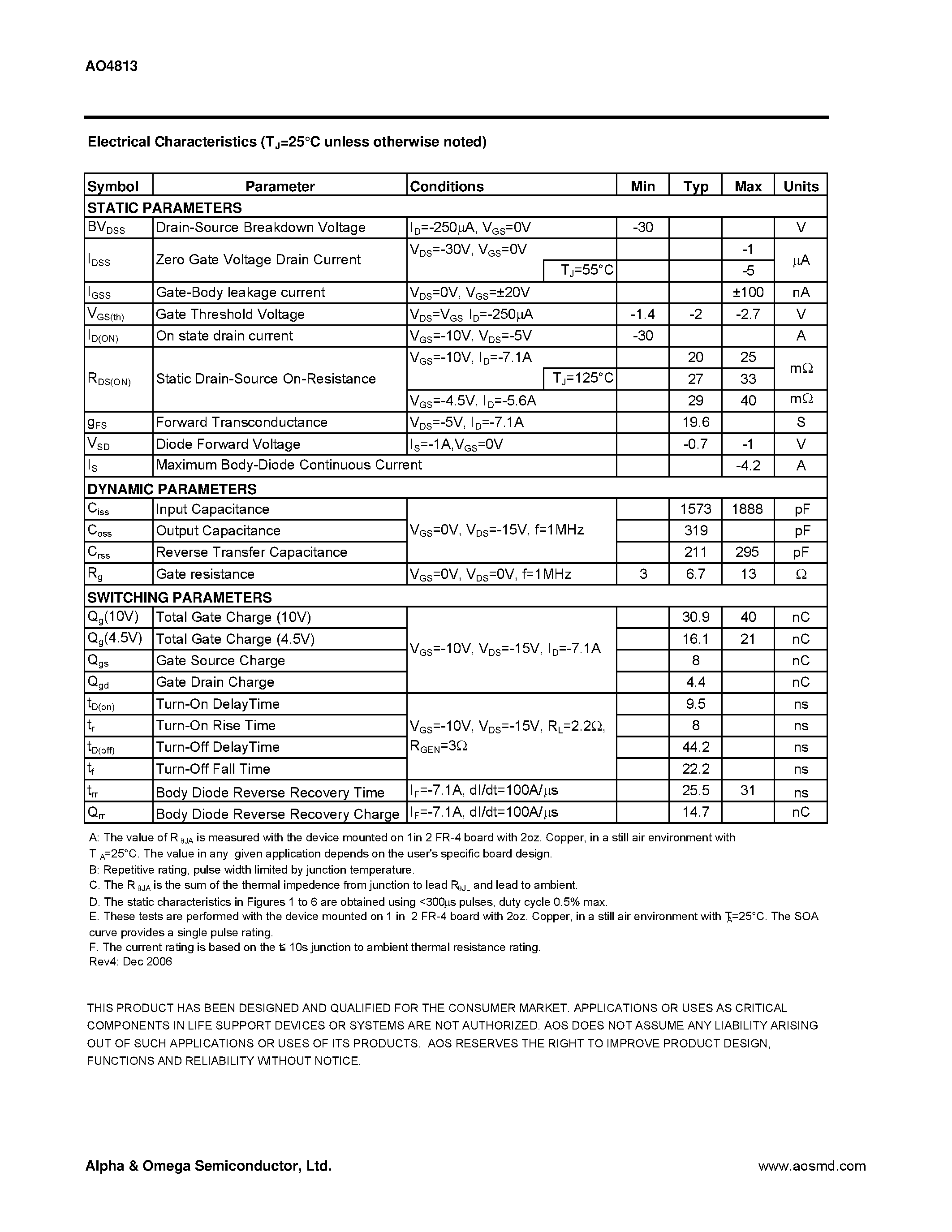 Datasheet AO4813 - Dual P-Channel Enhancement Mode Field Effect Transistor page 2