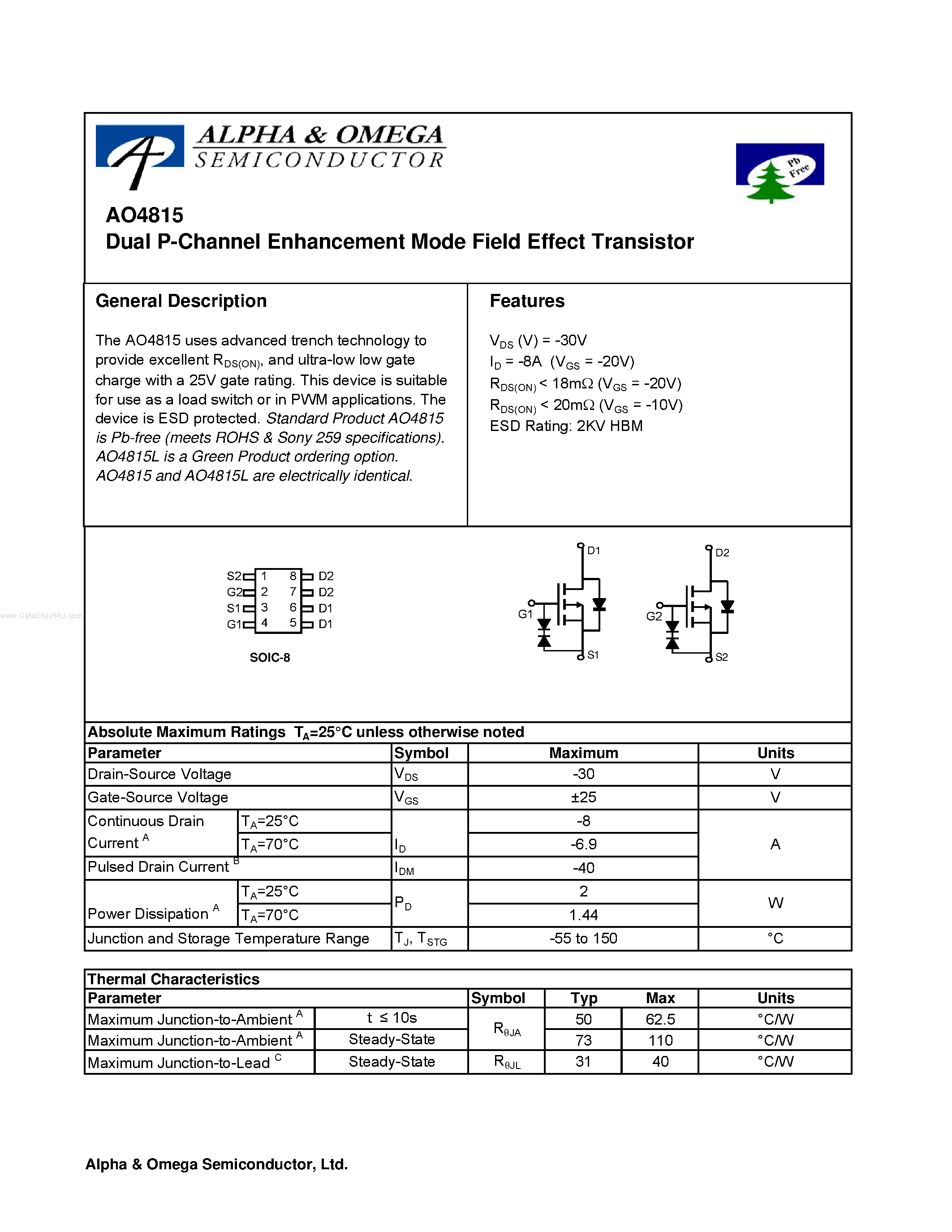 Datasheet AO4815 - Dual P-Channel Enhancement Mode Field Effect Transistor page 1