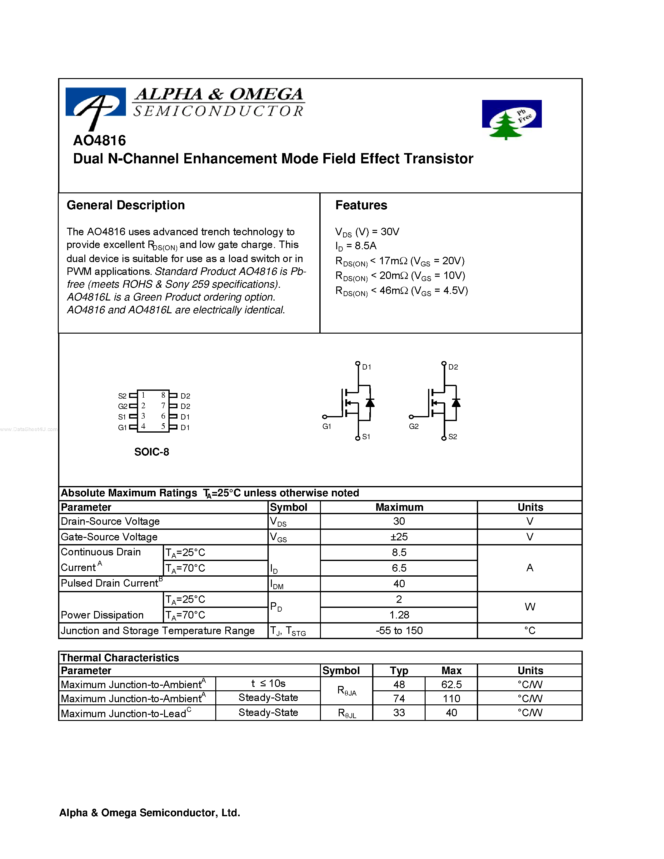Datasheet AO4816 - Dual N-Channel Enhancement Mode Field Effect Transistor page 1