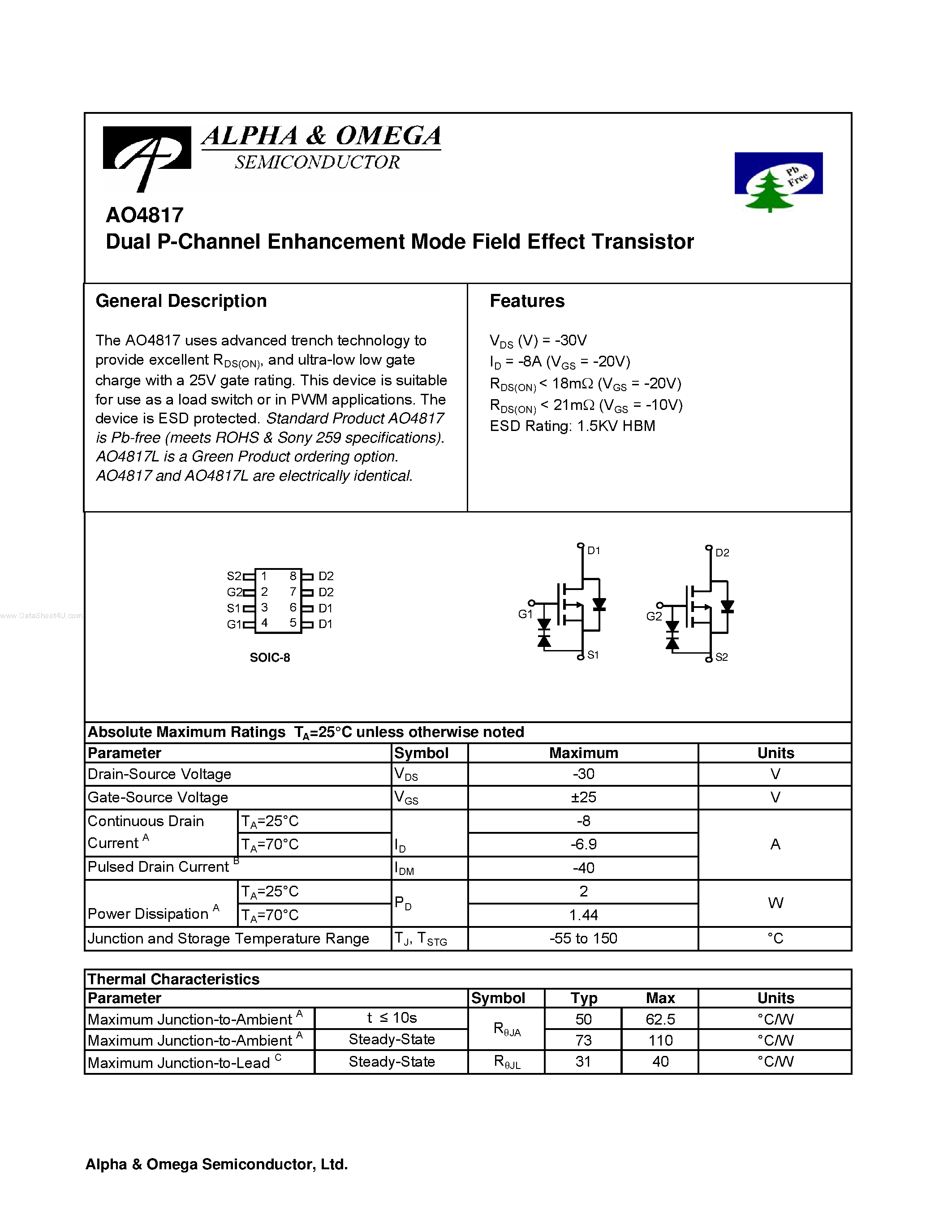 Datasheet AO4817 - Dual P-Channel Enhancement Mode Field Effect Transistor page 1
