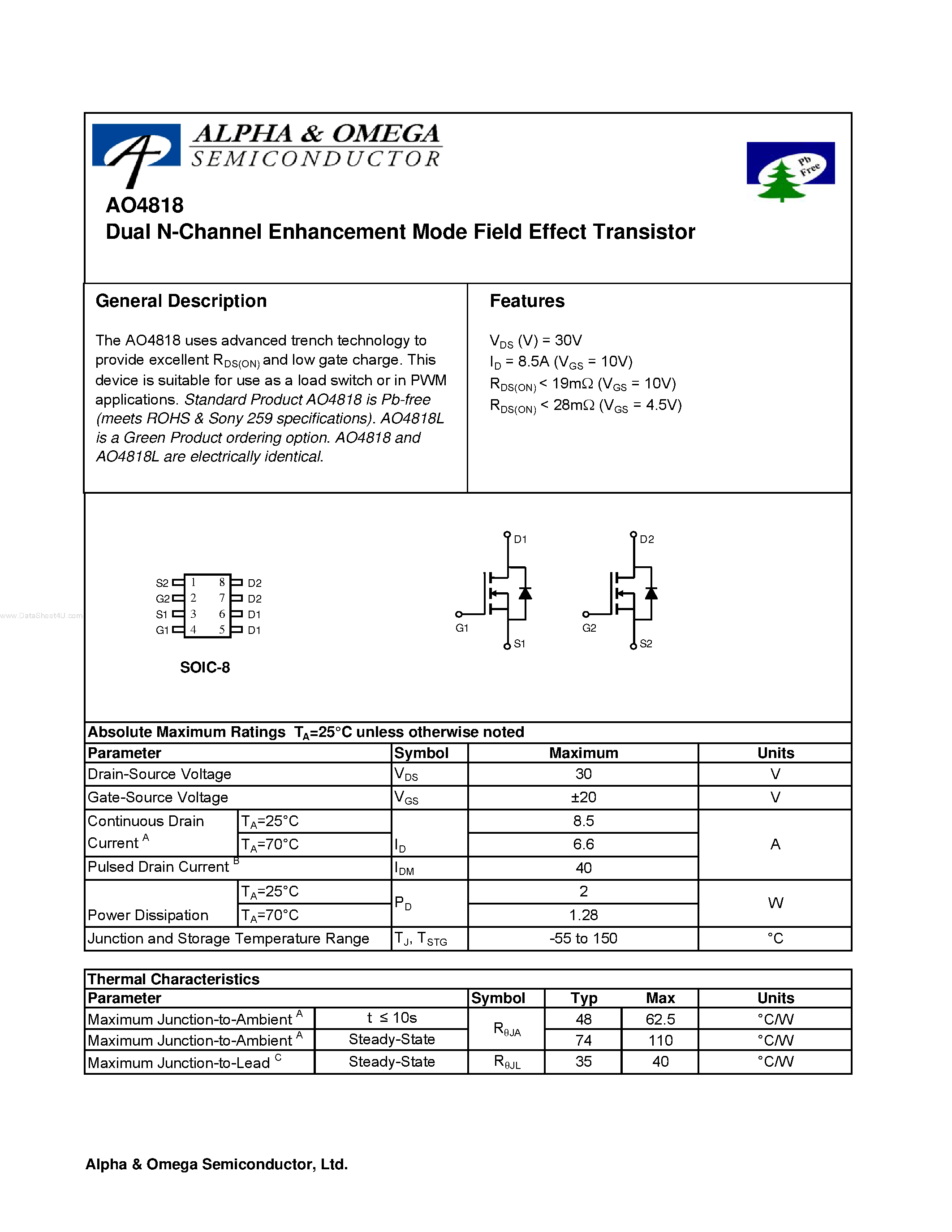 Datasheet AO4818 - Dual N-Channel Enhancement Mode Field Effect Transistor page 1