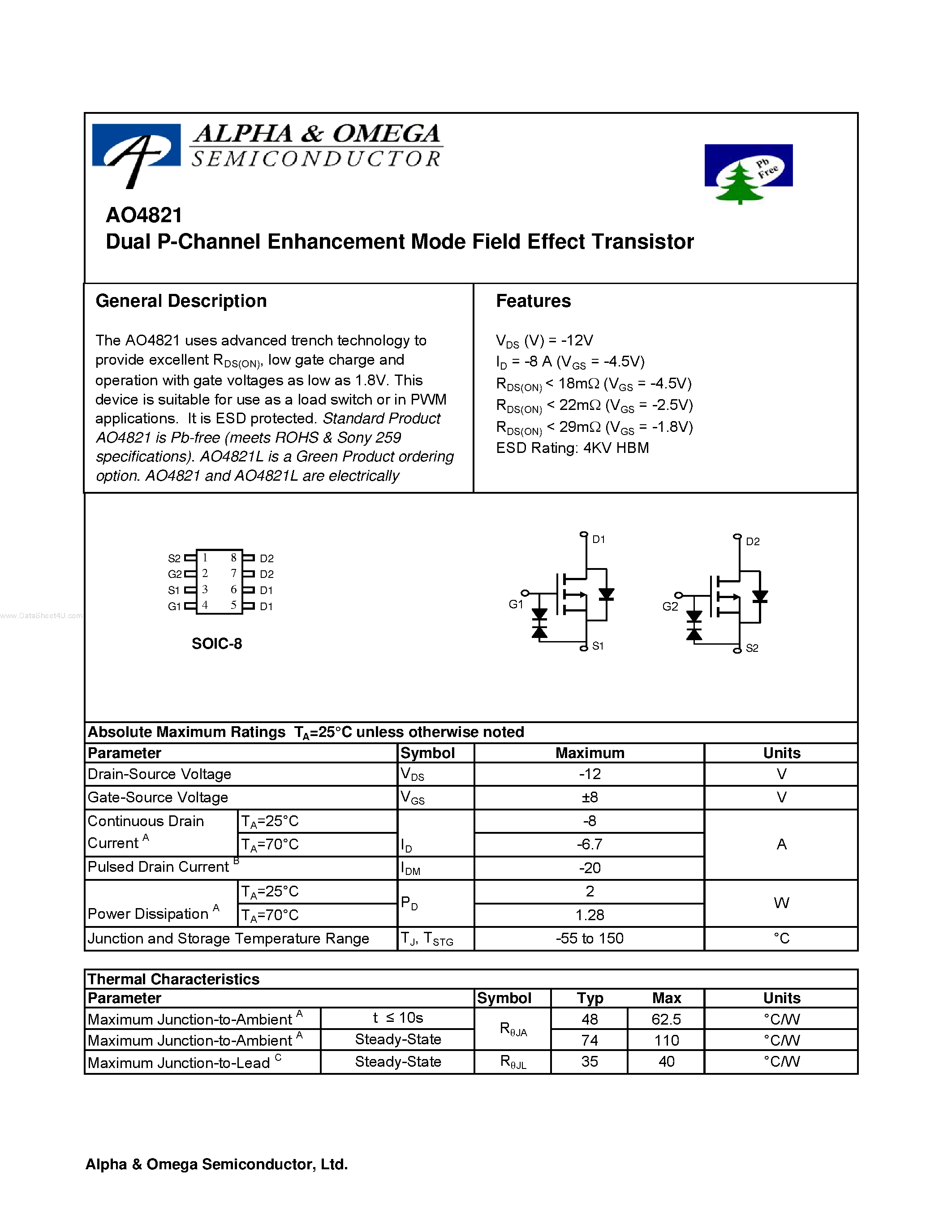 Datasheet AO4821 - Dual P-Channel Enhancement Mode Field Effect Transistor page 1