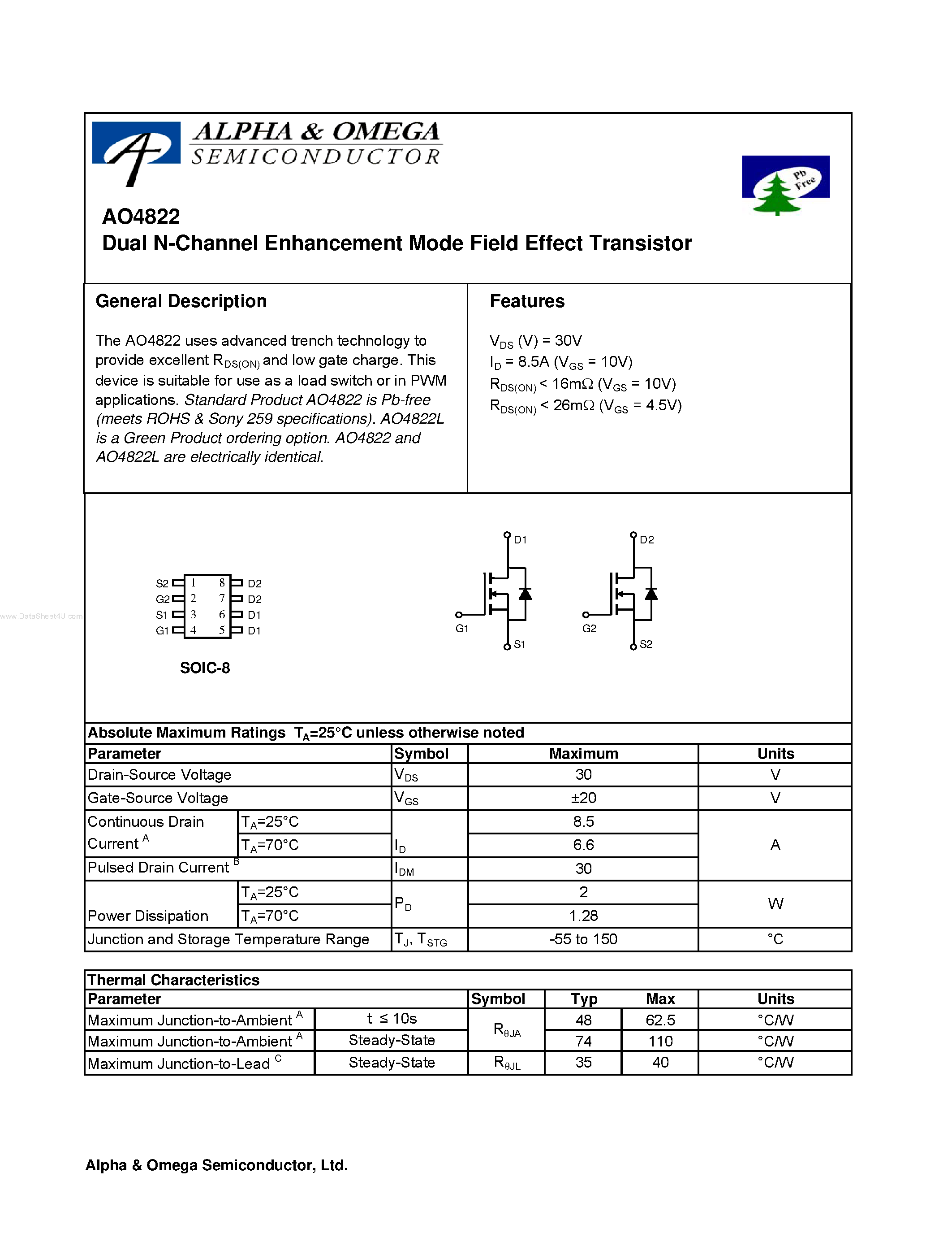 Datasheet AO4822 - Dual N-Channel Enhancement Mode Field Effect Transistor page 1