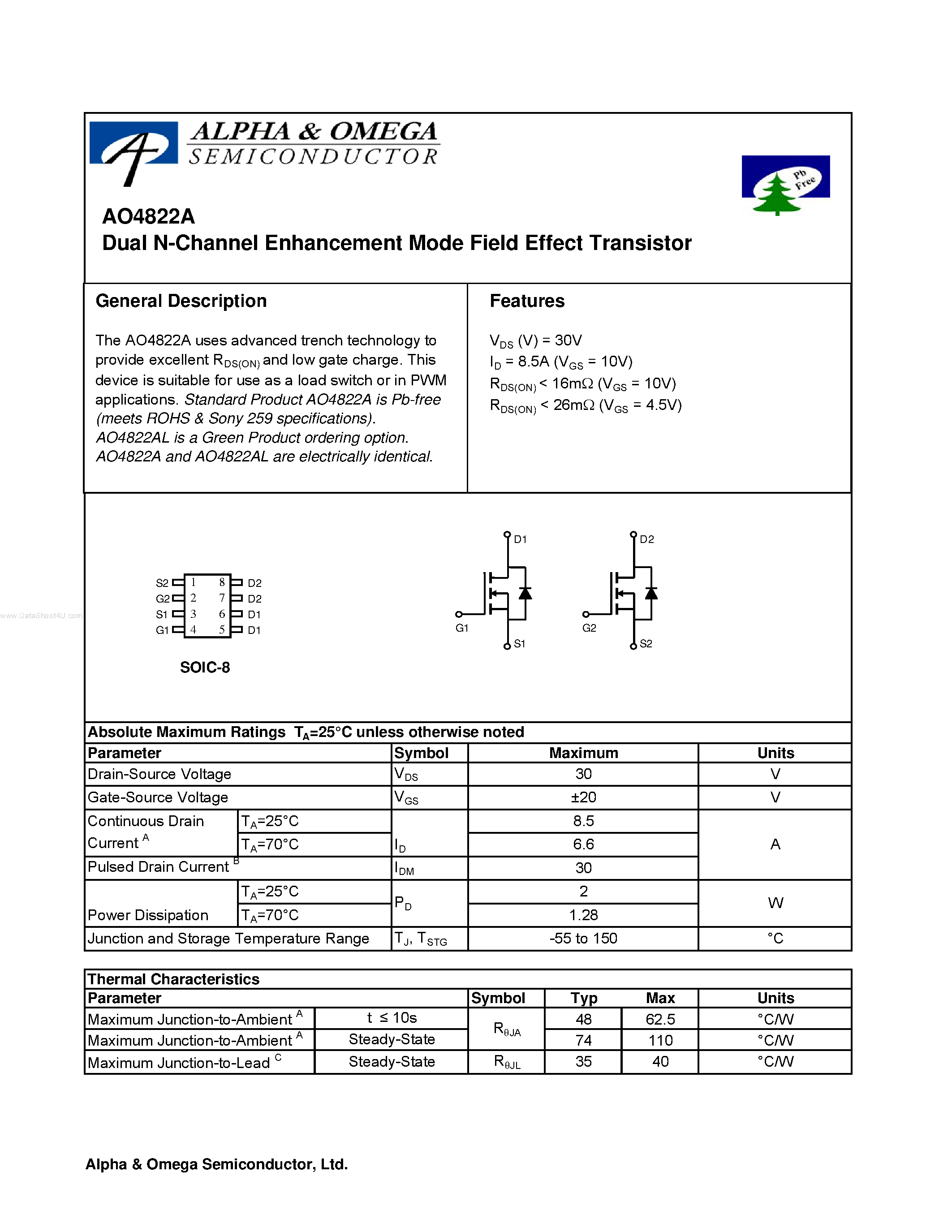 Datasheet AO4822A - Dual N-Channel Enhancement Mode Field Effect Transistor page 1