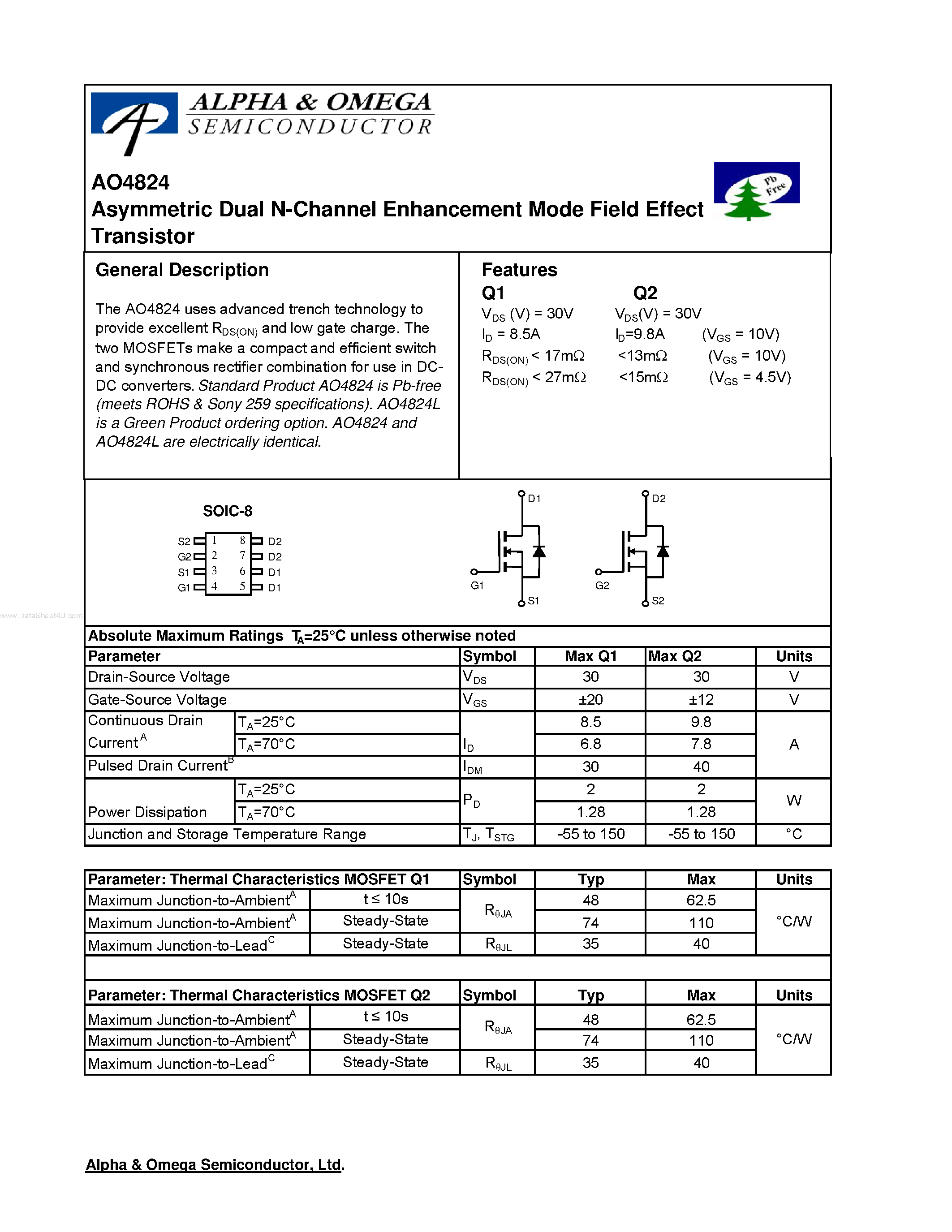 Datasheet AO4824 - Dual N-Channel Enhancement Mode Field Effect Transistor page 1