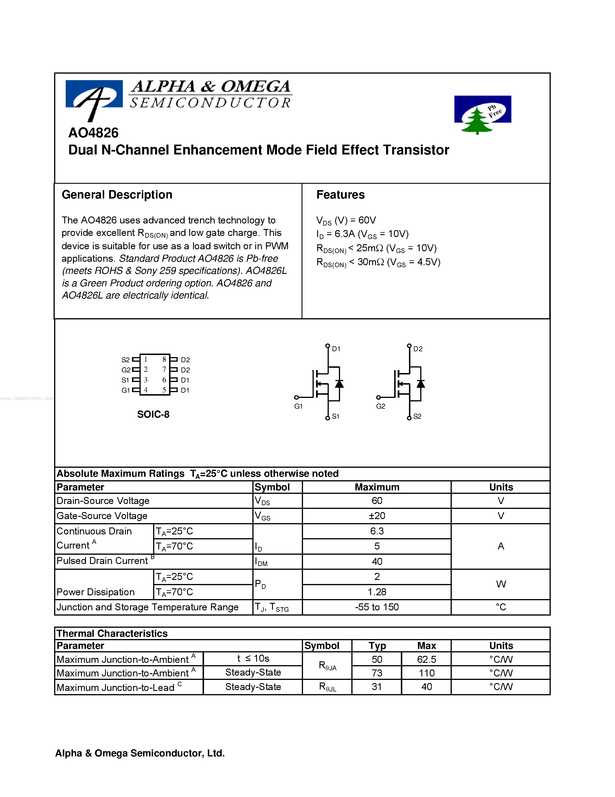 Datasheet AO4826 - Dual N-Channel Enhancement Mode Field Effect Transistor page 1
