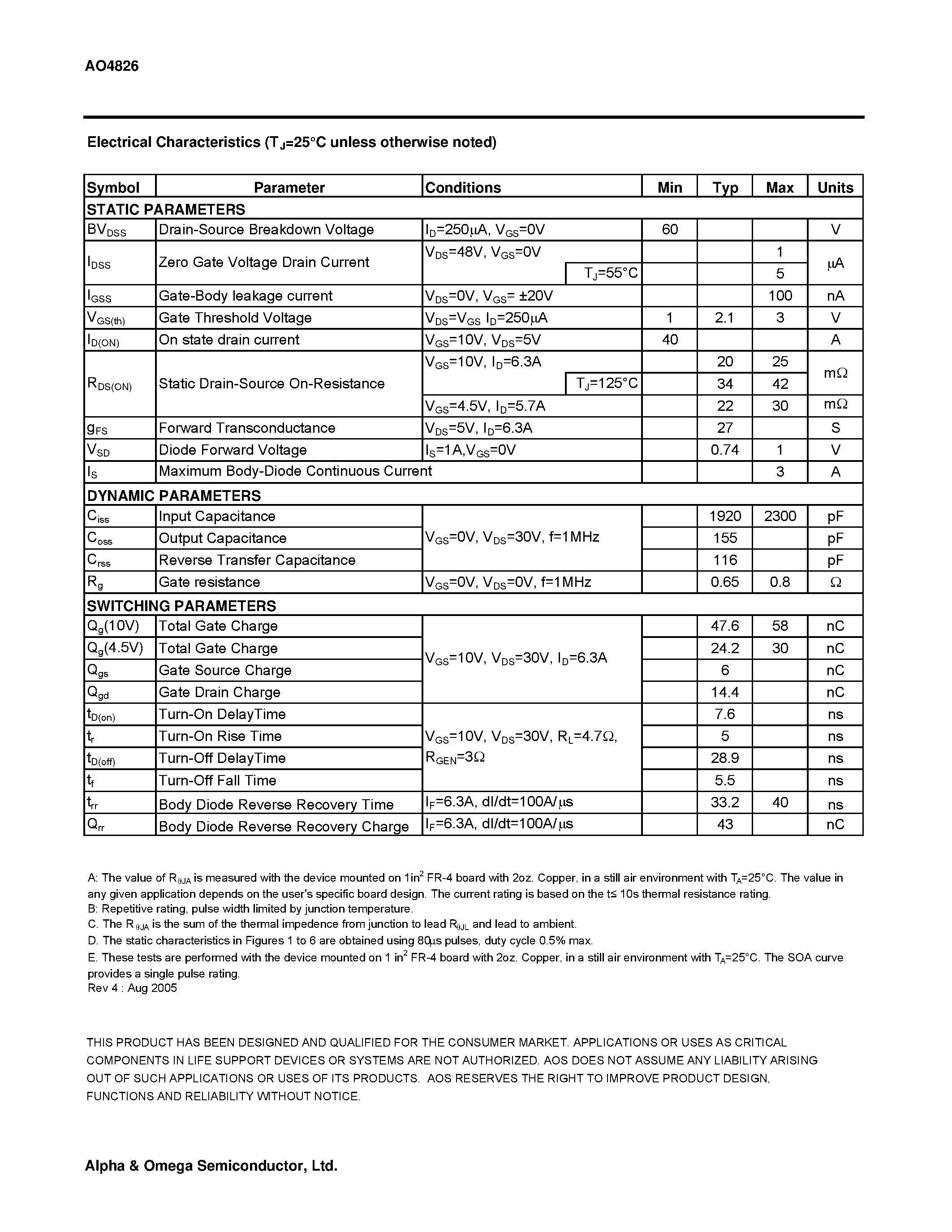Datasheet AO4826 - Dual N-Channel Enhancement Mode Field Effect Transistor page 2