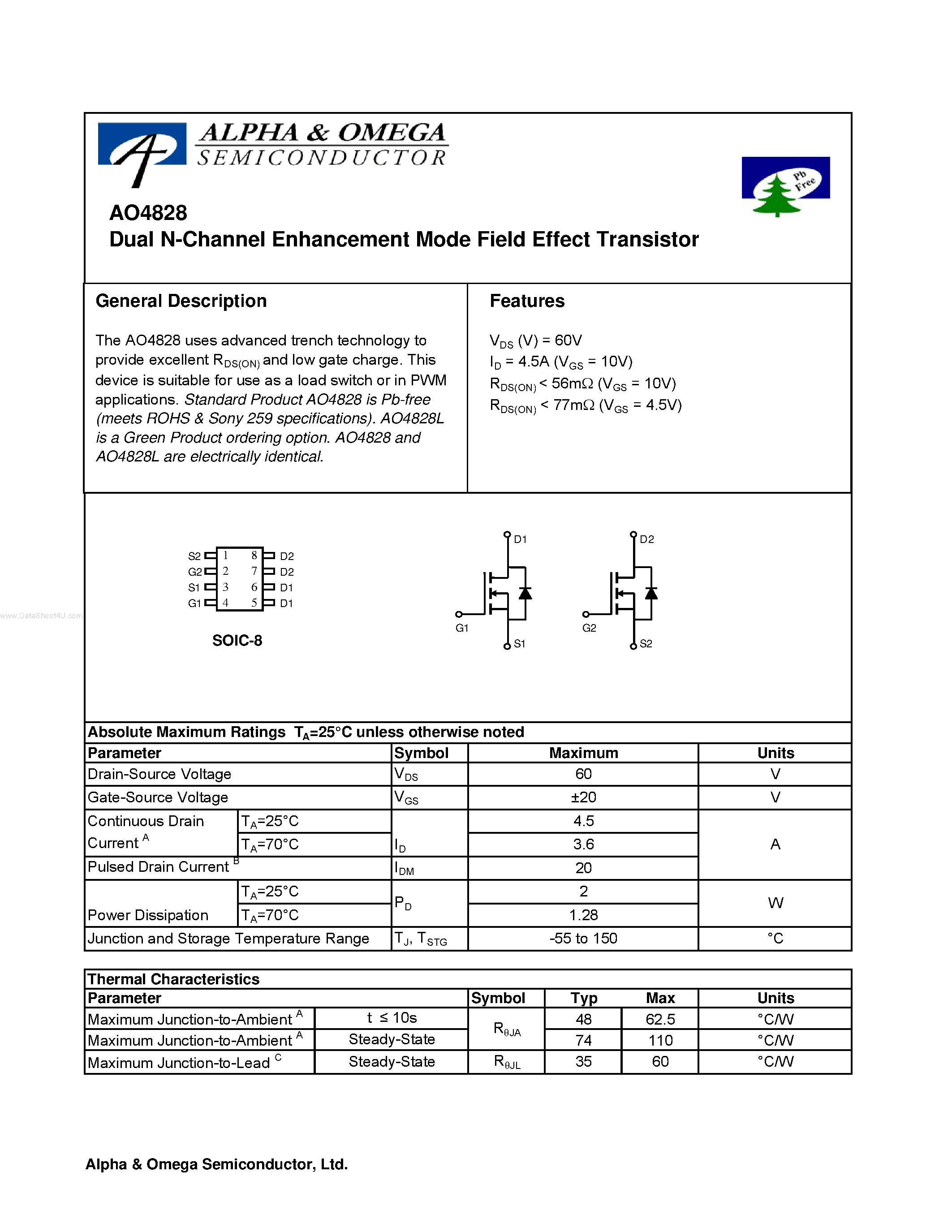 Datasheet AO4828 - Dual N-Channel Enhancement Mode Field Effect Transistor page 1