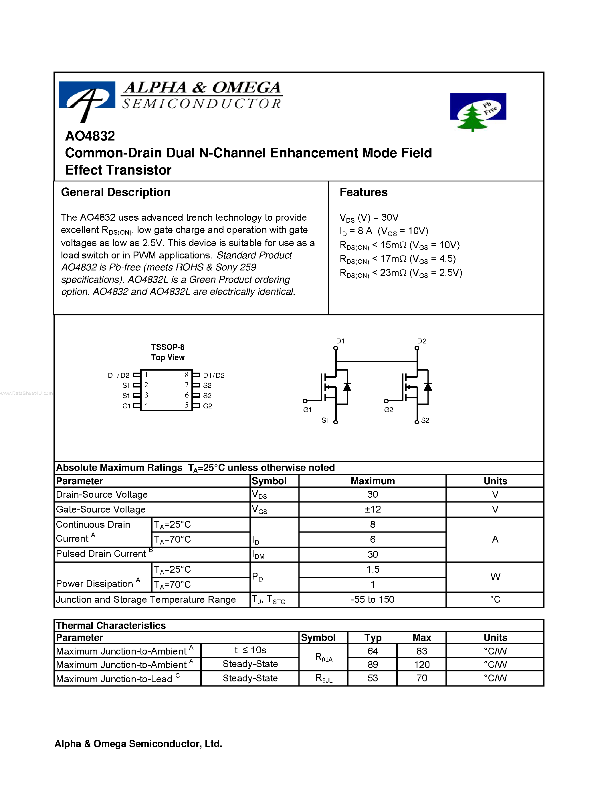 Datasheet AO4832 - Dual N-Channel Enhancement Mode Field Effect Transistor page 1