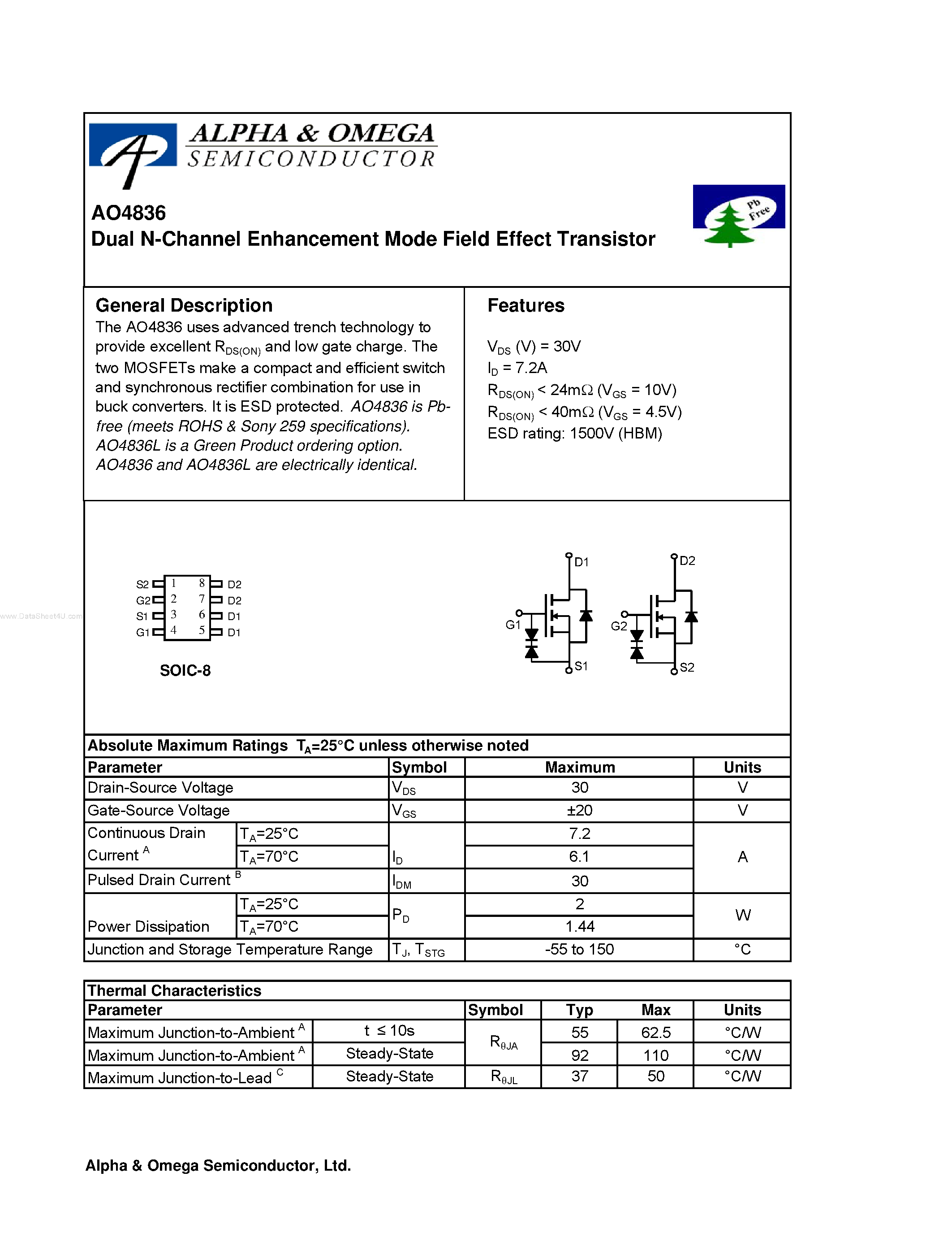 Datasheet AO4836 - Dual N-Channel Enhancement Mode Field Effect Transistor page 1