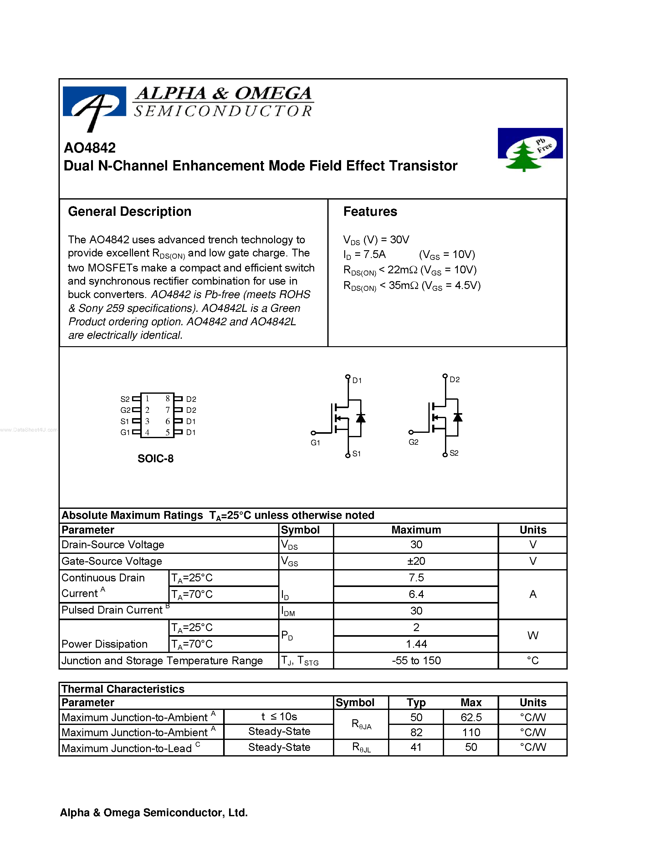 Datasheet AO4842 - Dual N-Channel Enhancement Mode Field Effect Transistor page 1