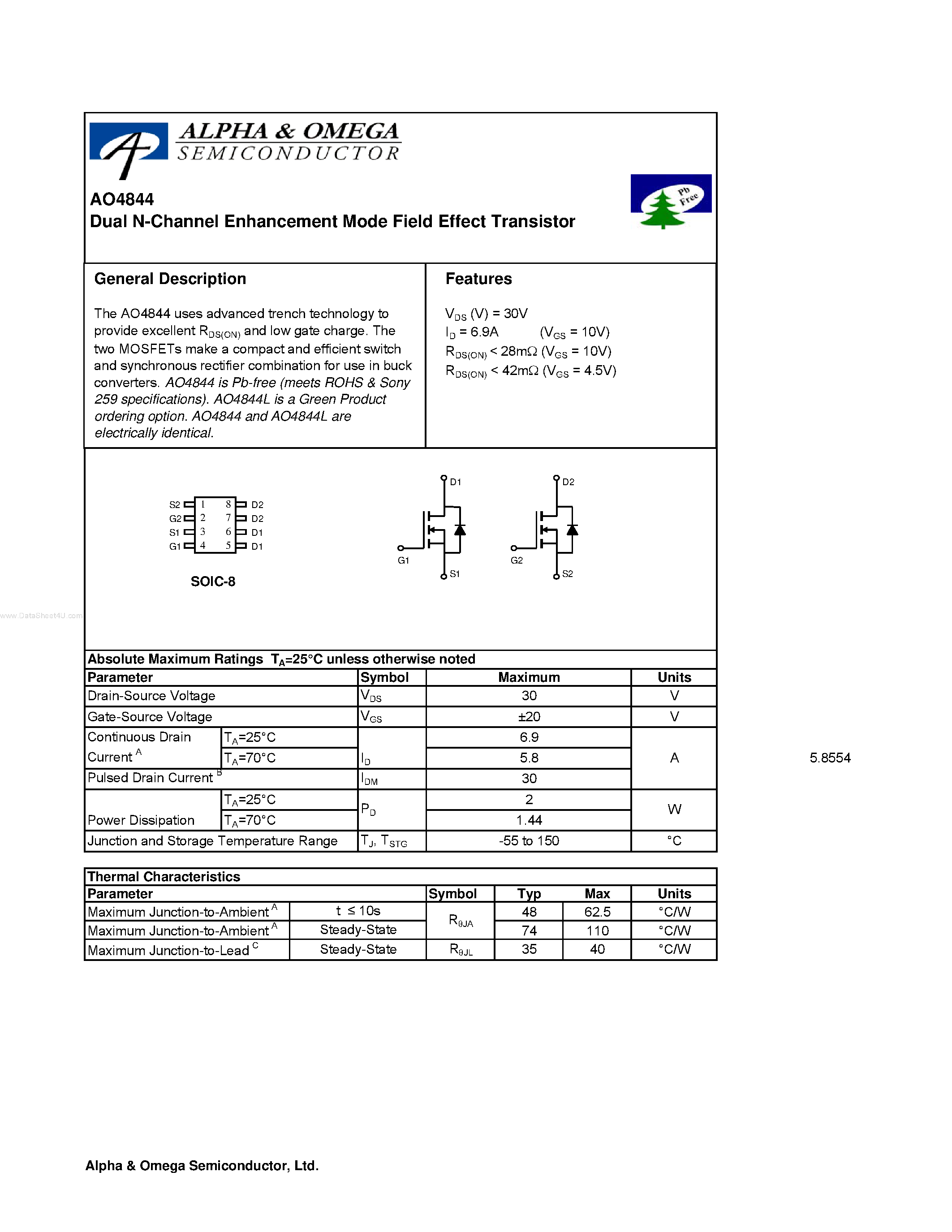 Datasheet AO4844 - Dual N-Channel Enhancement Mode Field Effect Transistor page 1