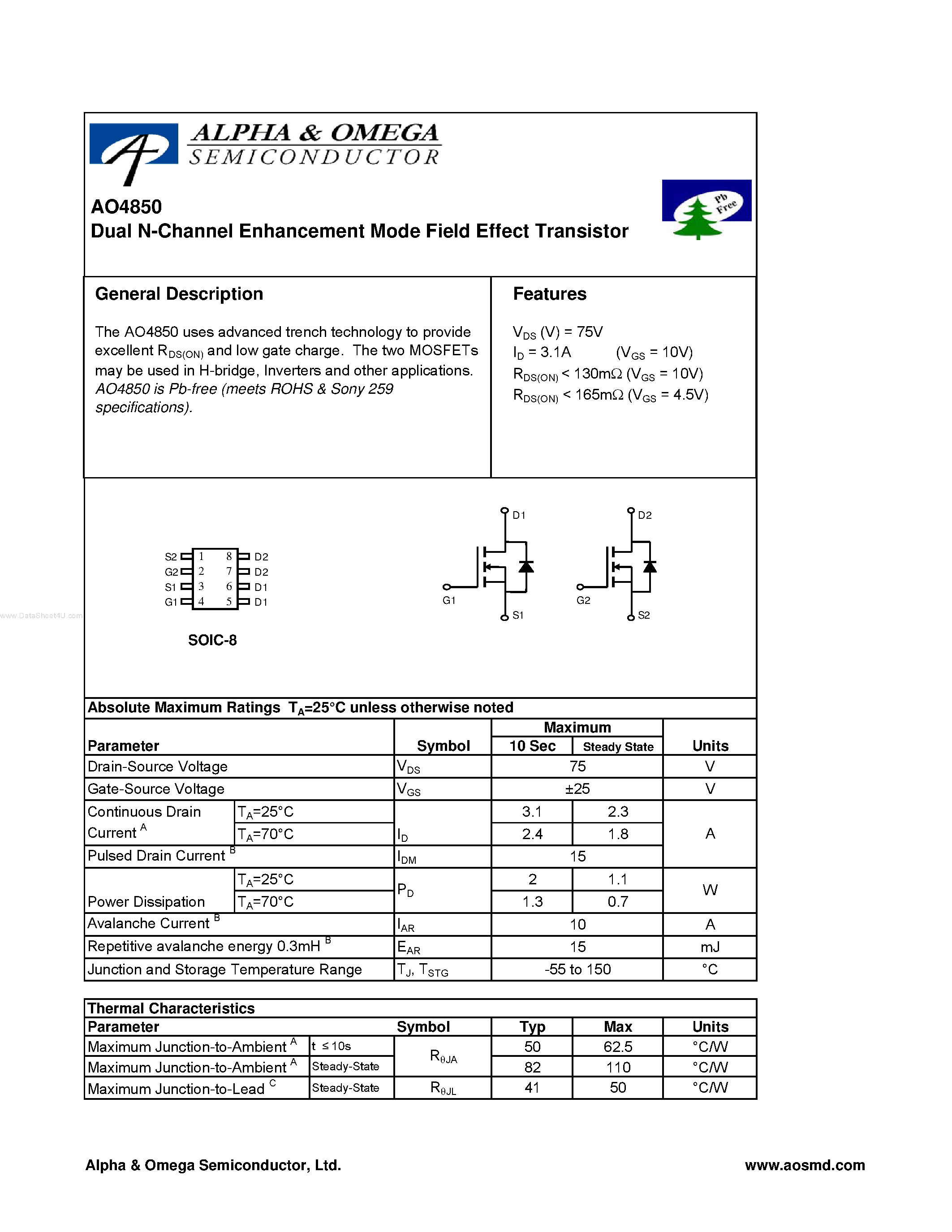 Datasheet AO4850 - Dual N-Channel Enhancement Mode Field Effect Transistor page 1