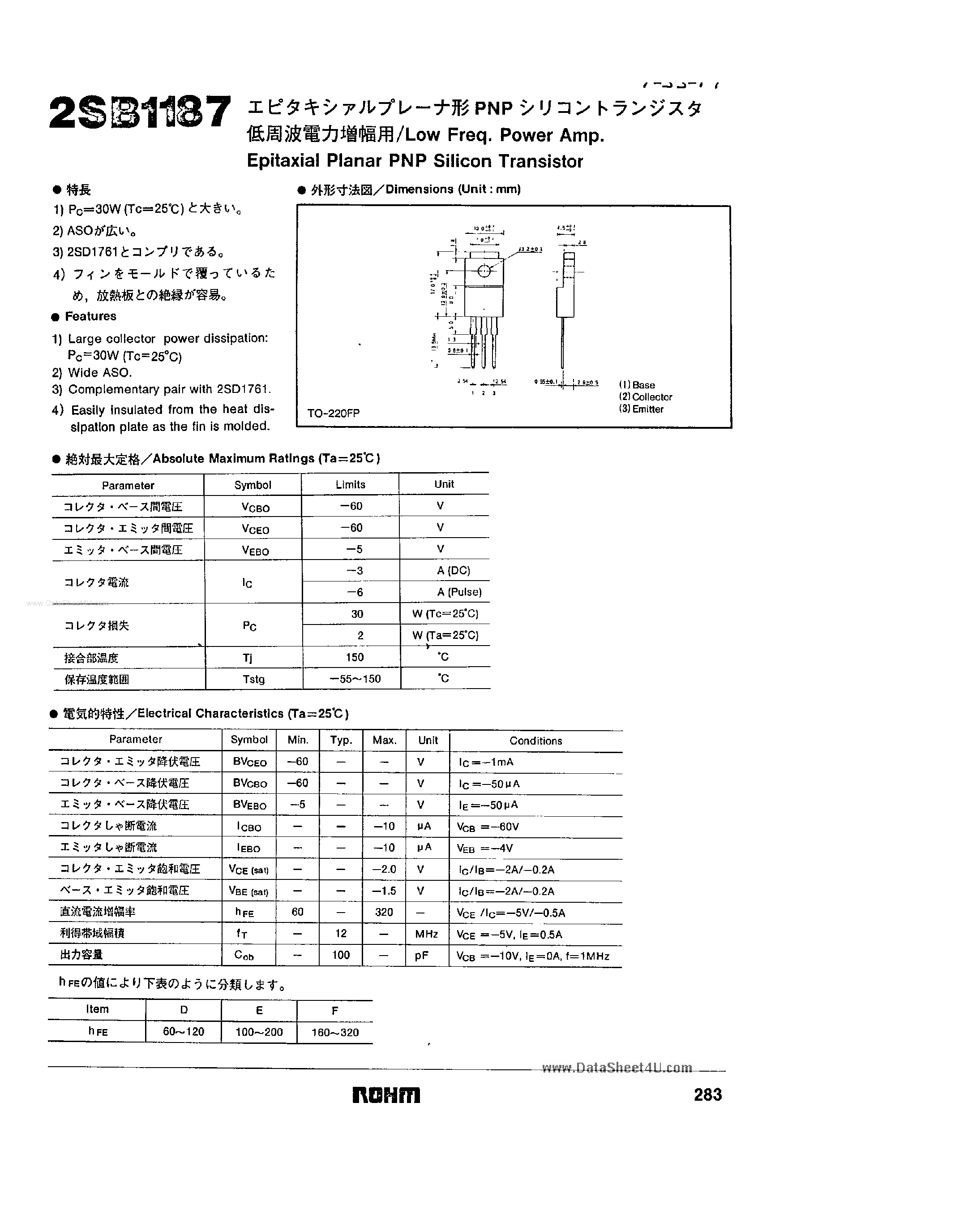 Datasheet 2SB1187 page 1 Datasheet 2SB1187 - Pnp Transistor page 1