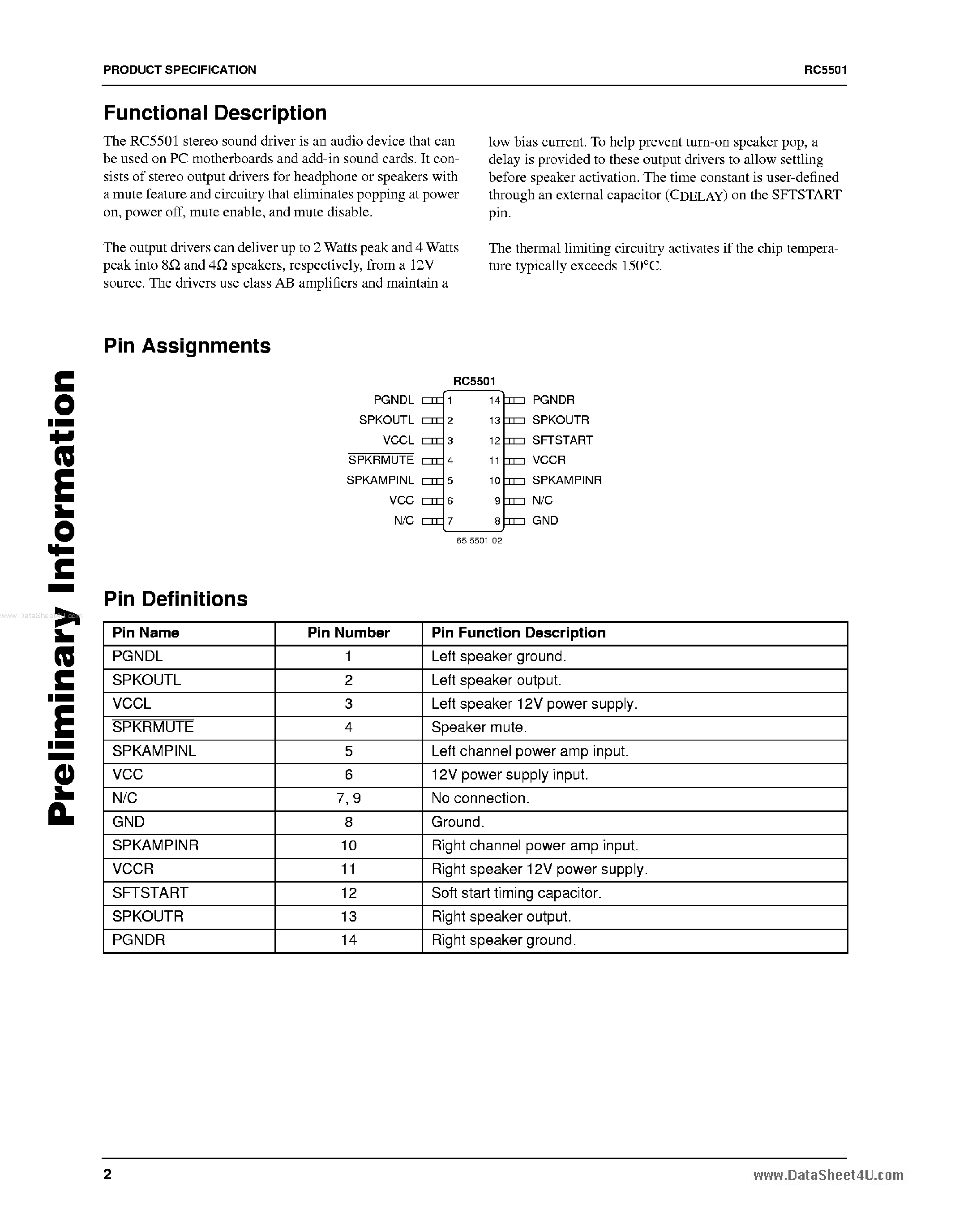Datasheet RC5501 - 4 Watt Stereo Sound Driver page 2