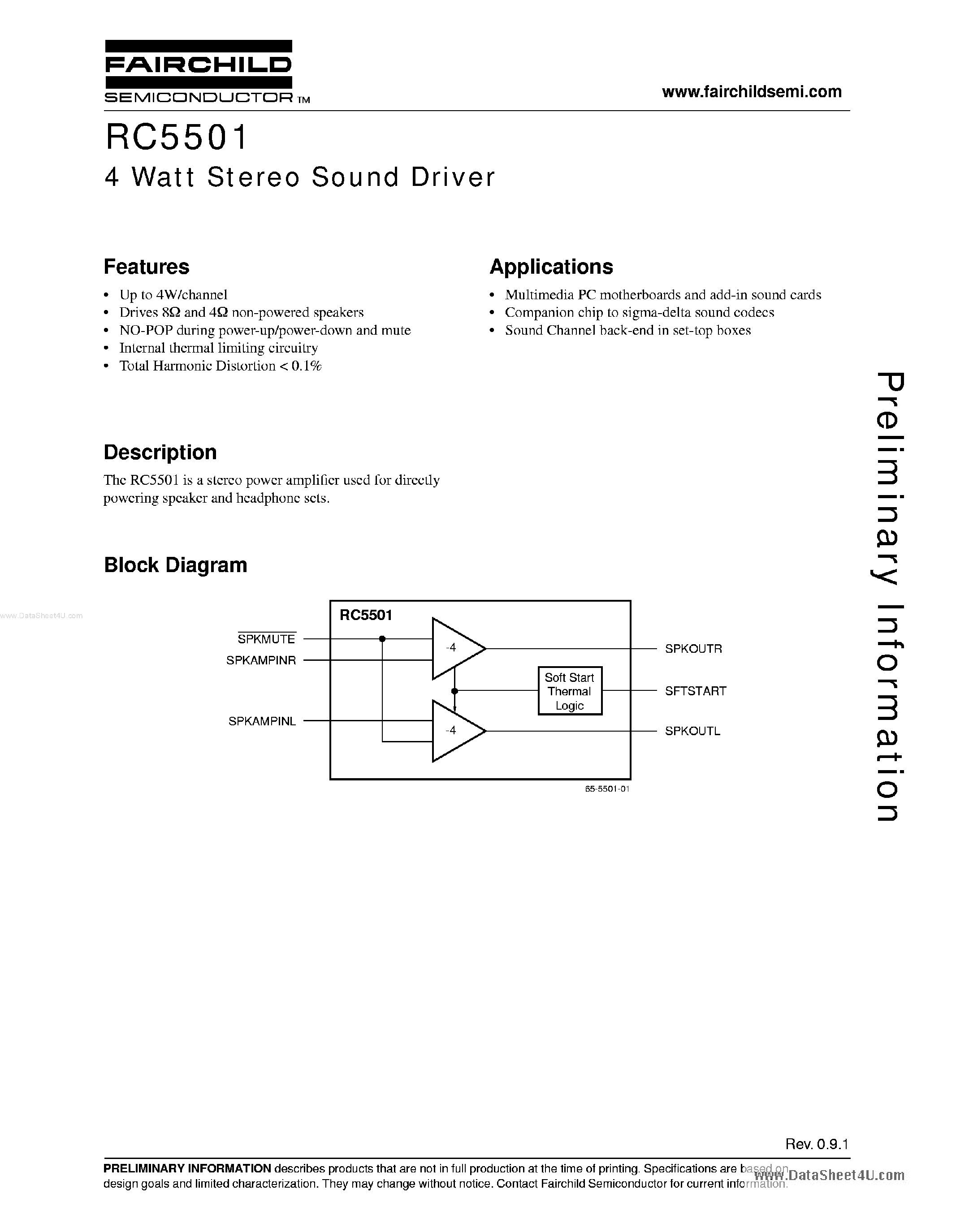 Datasheet RC5501 - 4 Watt Stereo Sound Driver page 1