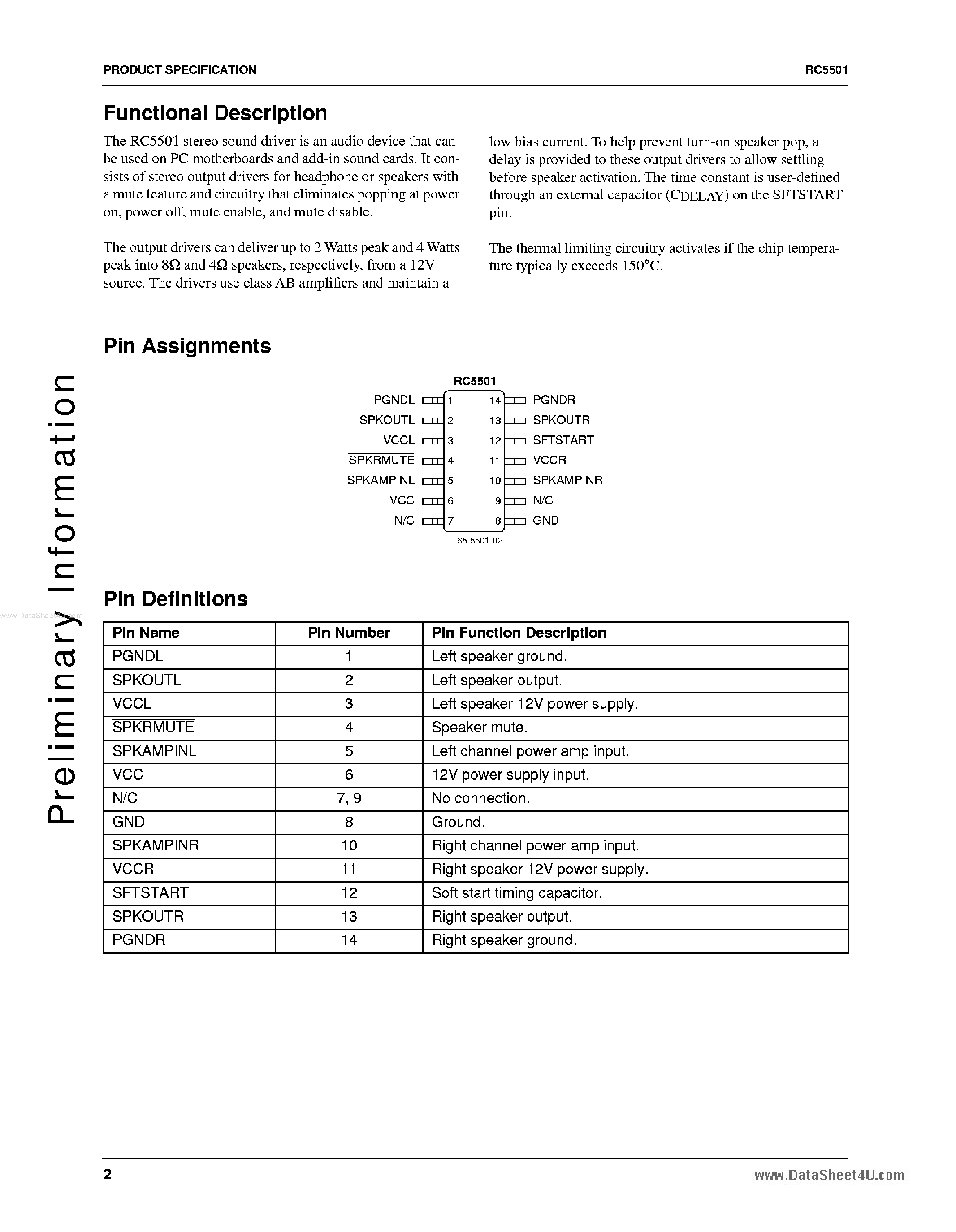 Datasheet RC5501 - 4 Watt Stereo Sound Driver page 2