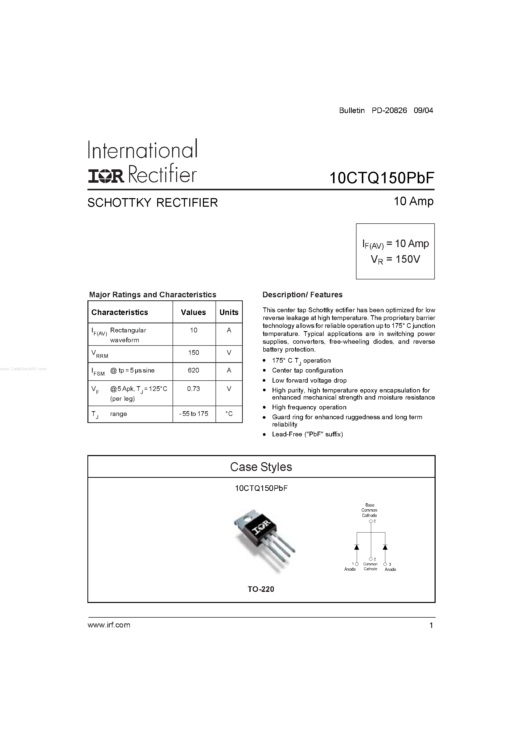 Datasheet 10CTQ150PBF page 1 Datasheet 10CTQ150PBF - SCHOTTKY RECTIFIER page 1
