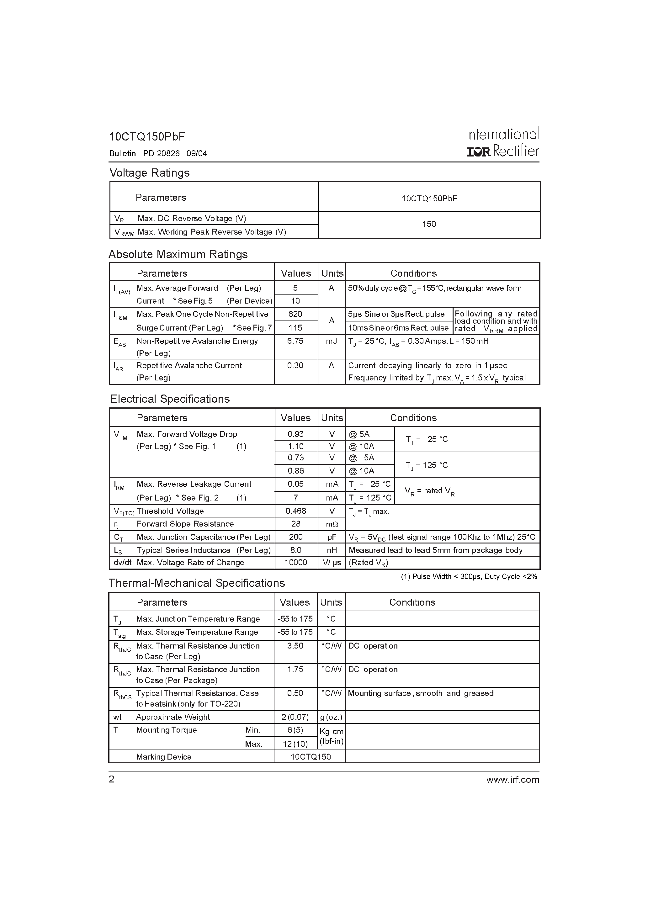 Datasheet 10CTQ150PBF page 2 Datasheet 10CTQ150PBF - SCHOTTKY RECTIFIER page 2