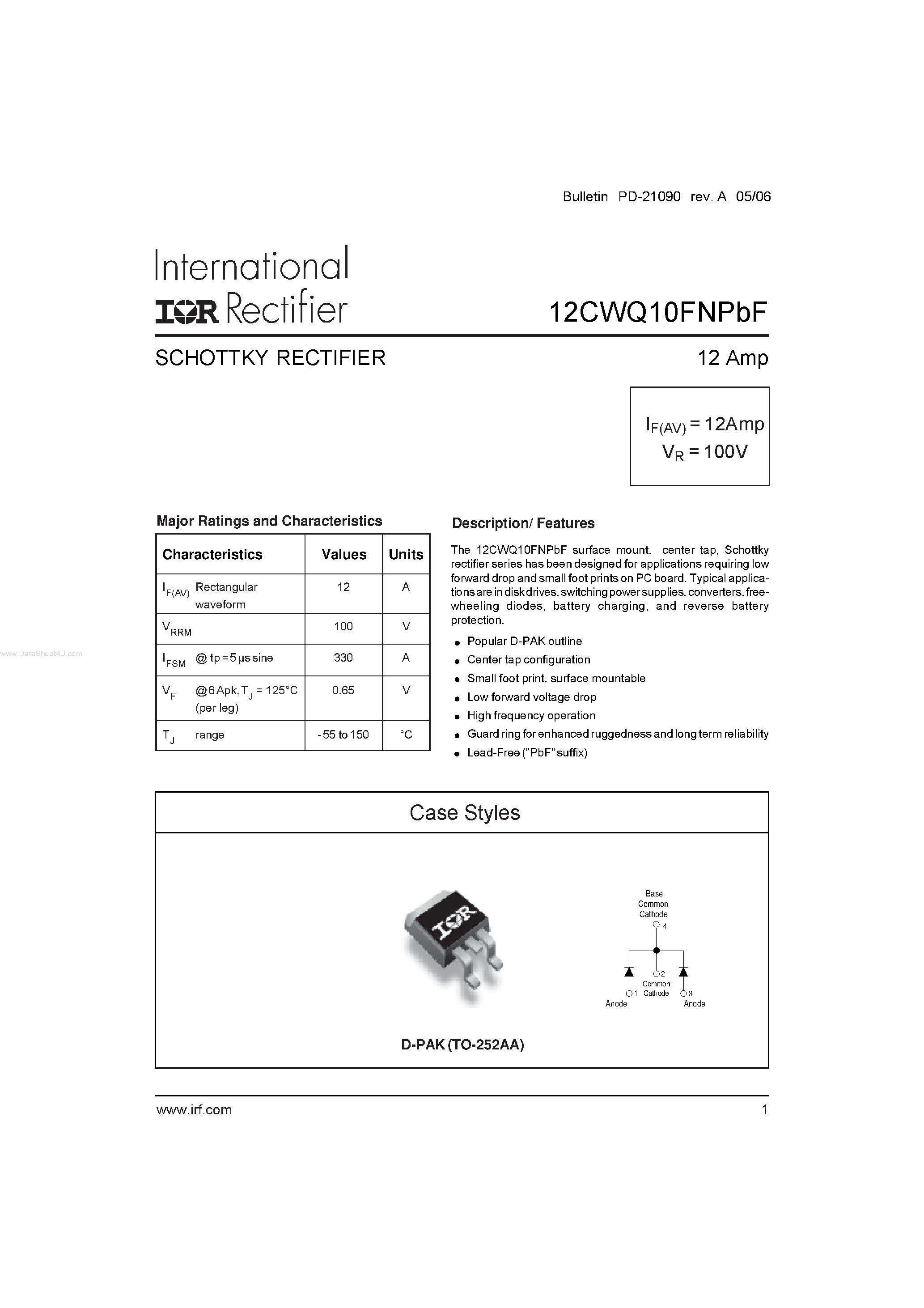 Datasheet 12CWQ10FNPBF page 1 Datasheet 12CWQ10FNPBF - SCHOTTKY RECTIFIER page 1