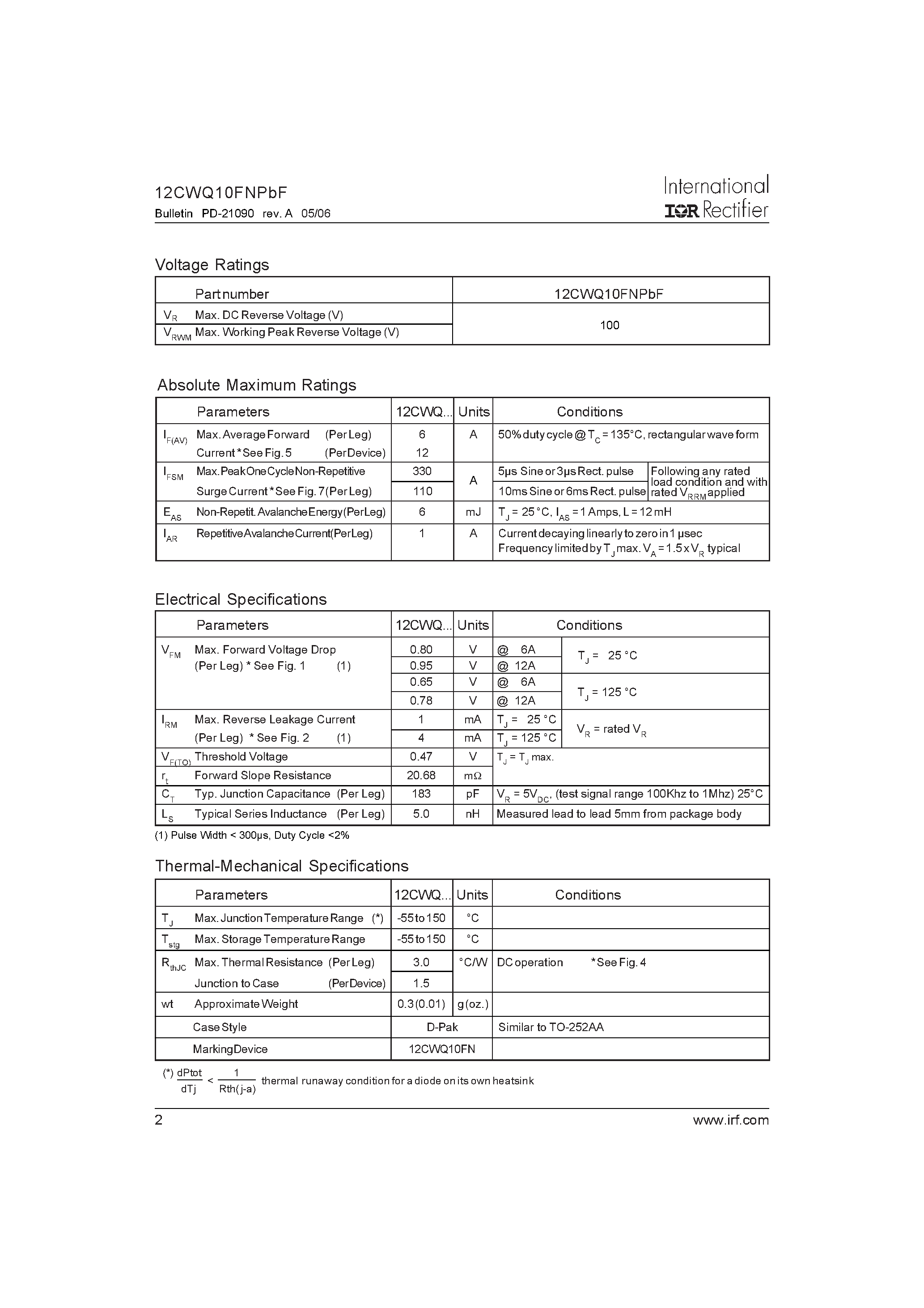 Datasheet 12CWQ10FNPBF page 2 Datasheet 12CWQ10FNPBF - SCHOTTKY RECTIFIER page 2