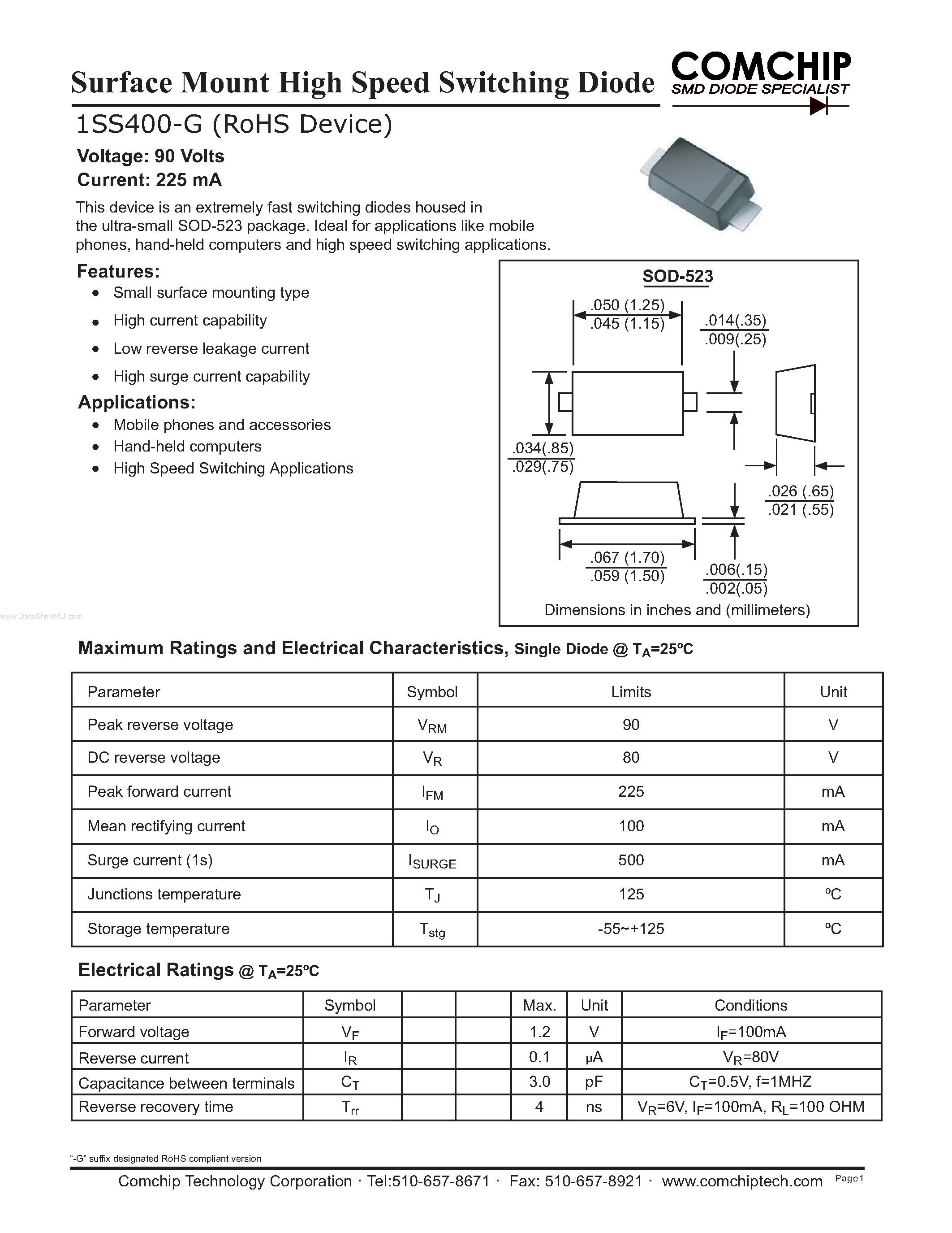 Даташит 1SS400-G - Surface Mount High Speed Switching Diode страница 1