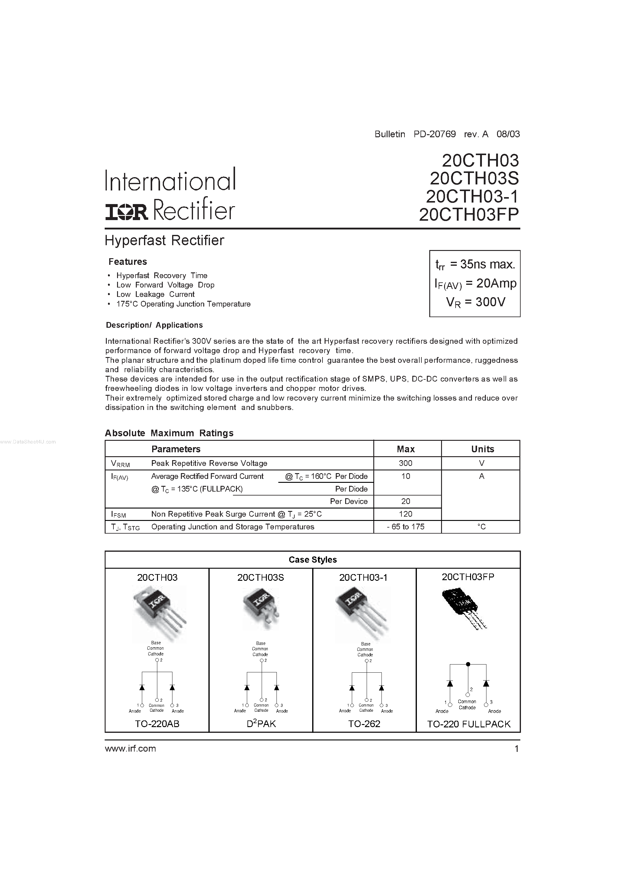 Datasheet 20CTH03 - (20CTH03xx) Hyperfast Rectifier page 1