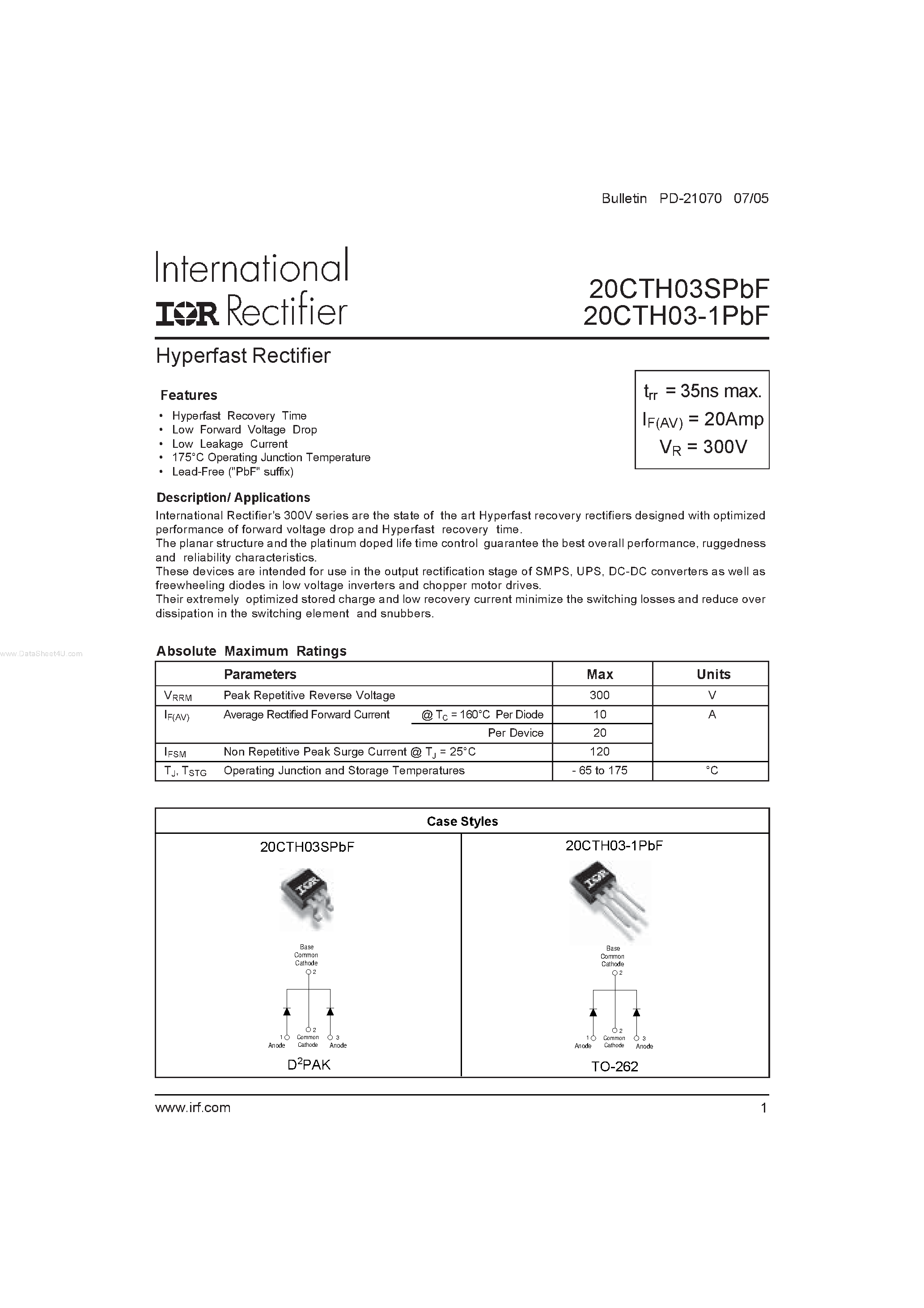Datasheet 20CTH03-1PbF - Hyperfast Rectifier page 1