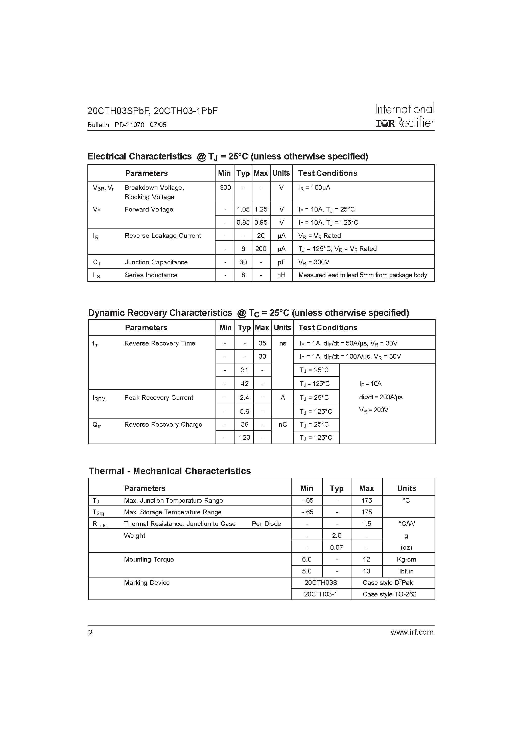 Datasheet 20CTH03-1PbF - Hyperfast Rectifier page 2