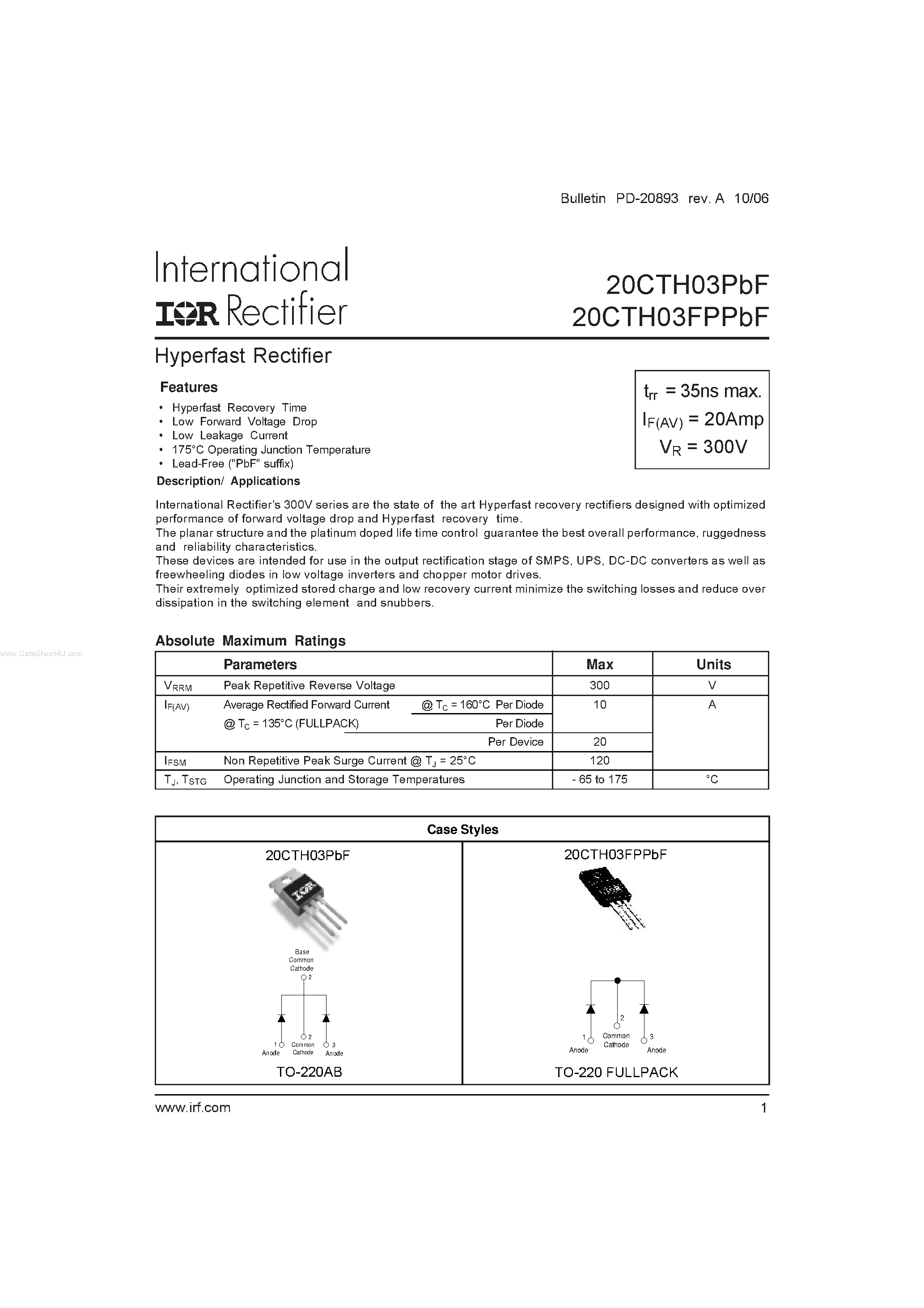 Datasheet 20CTH03FPPbF - Hyperfast Rectifier page 1