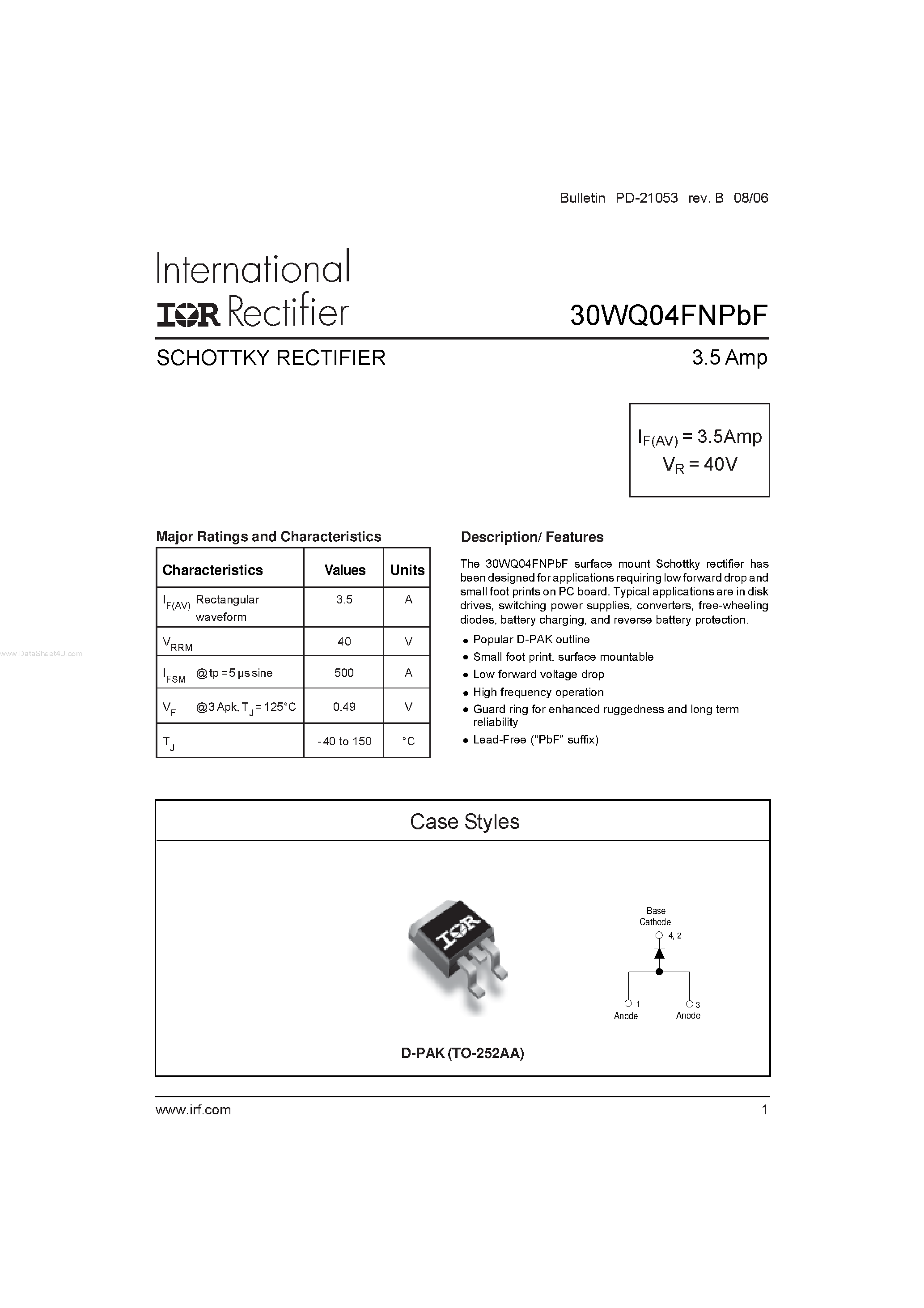 Datasheet 30WQ04FNPBF - SCHOTTKY RECTIFIER page 1