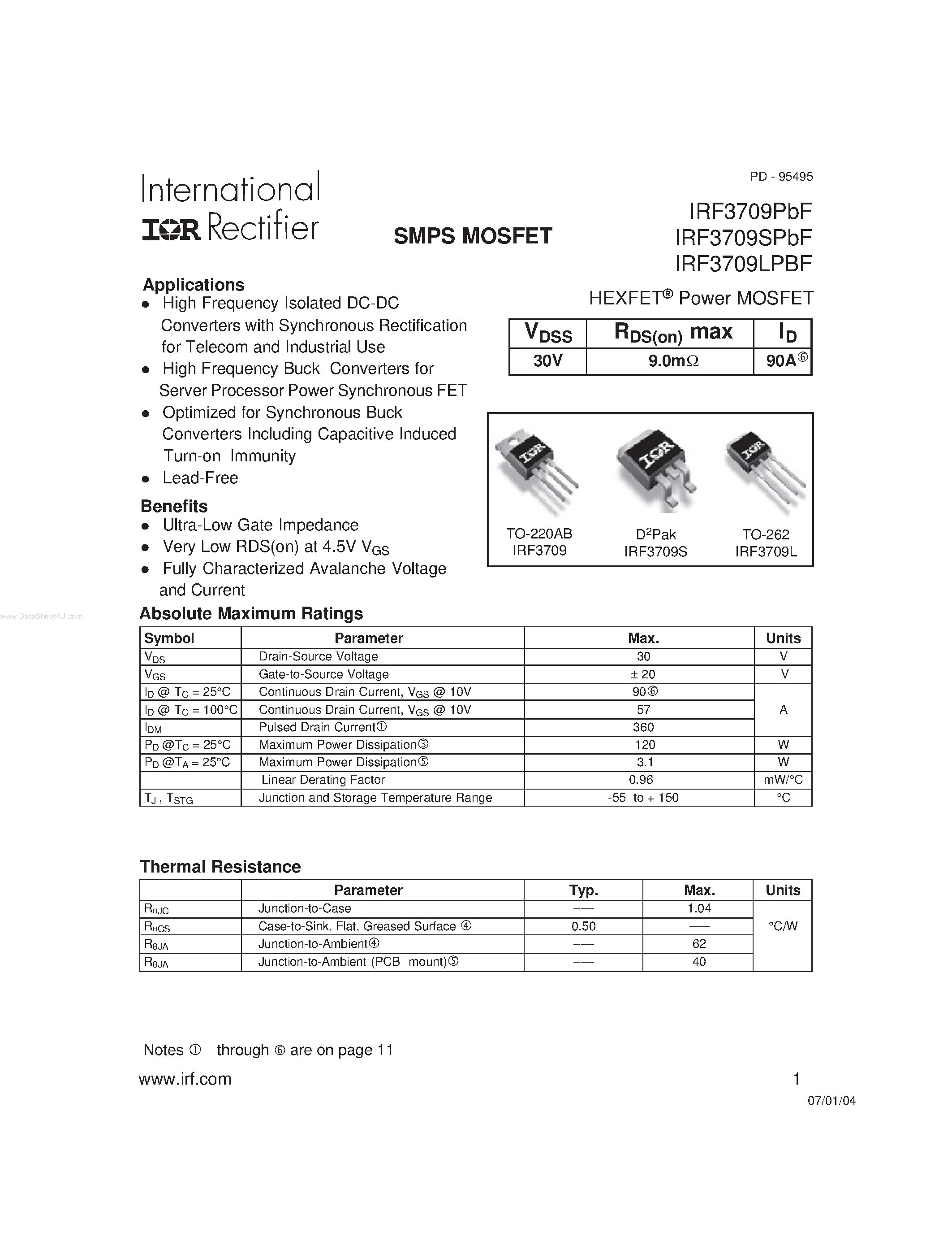 Datasheet IRF3709LPBF - SMPS MOSFET page 1