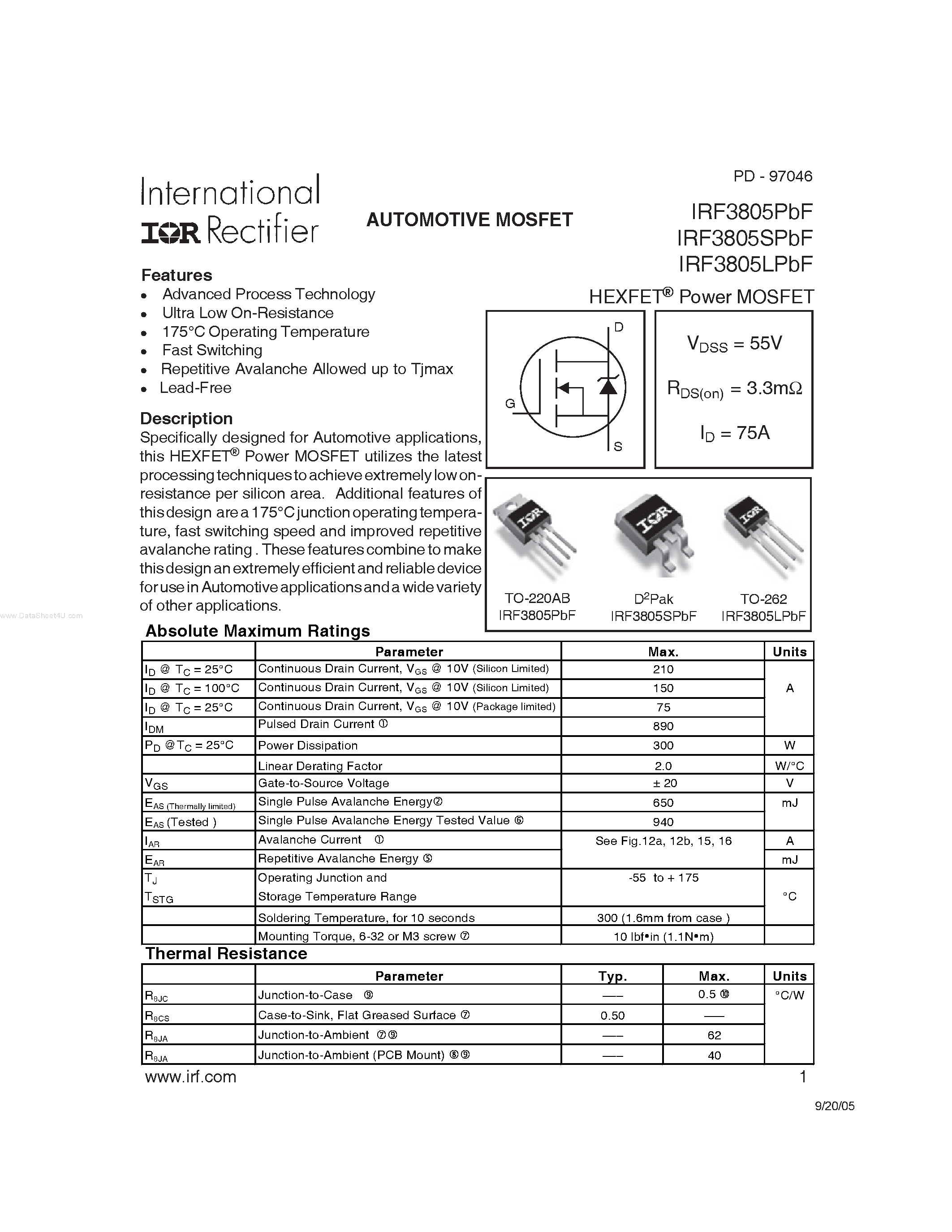 Datasheet IRF3805LPbF page 1 Datasheet IRF3805LPbF - AUTOMOTIVE MOSFET page 1
