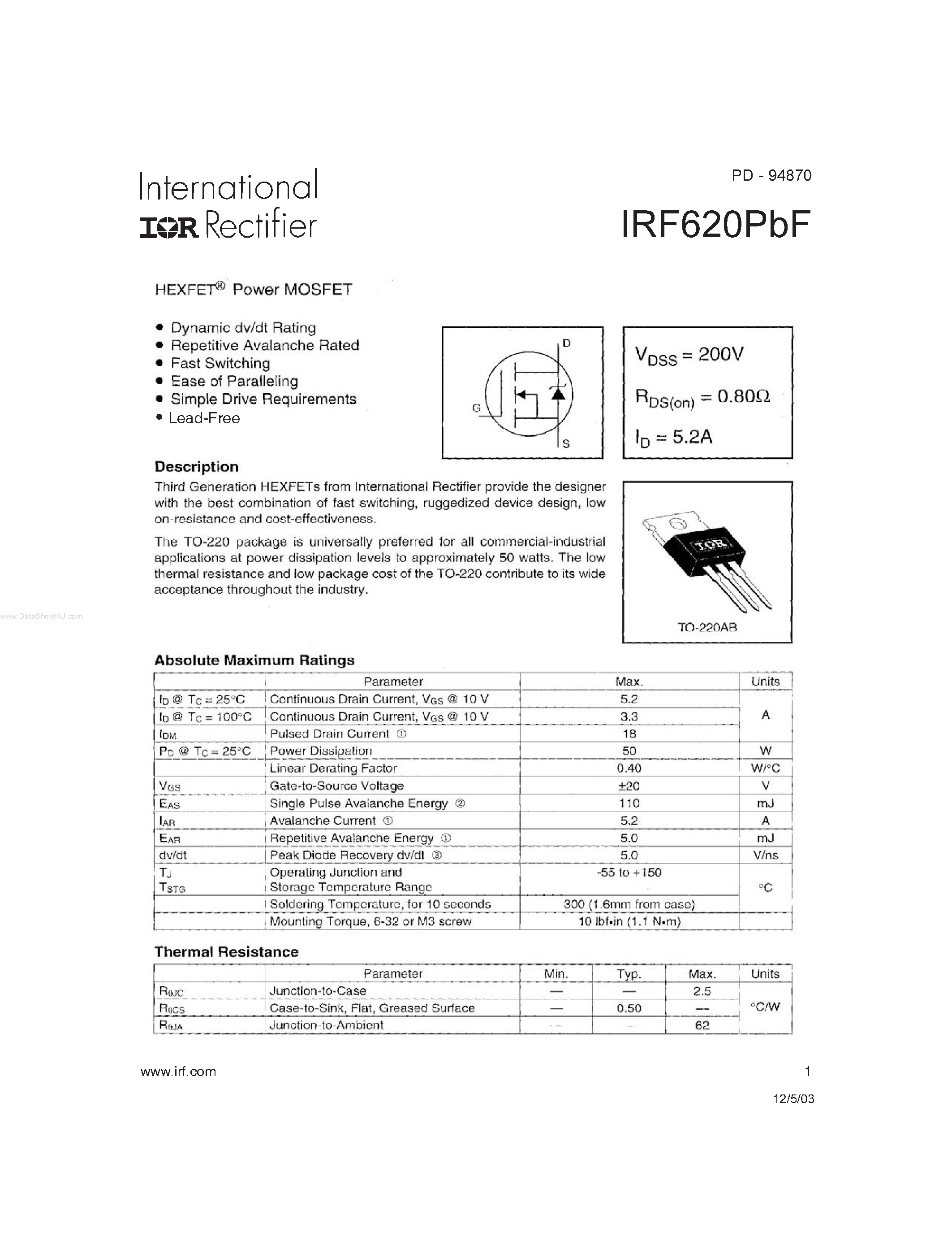 Datasheet IRF620PBF - HEXFET Power MOSFET page 1