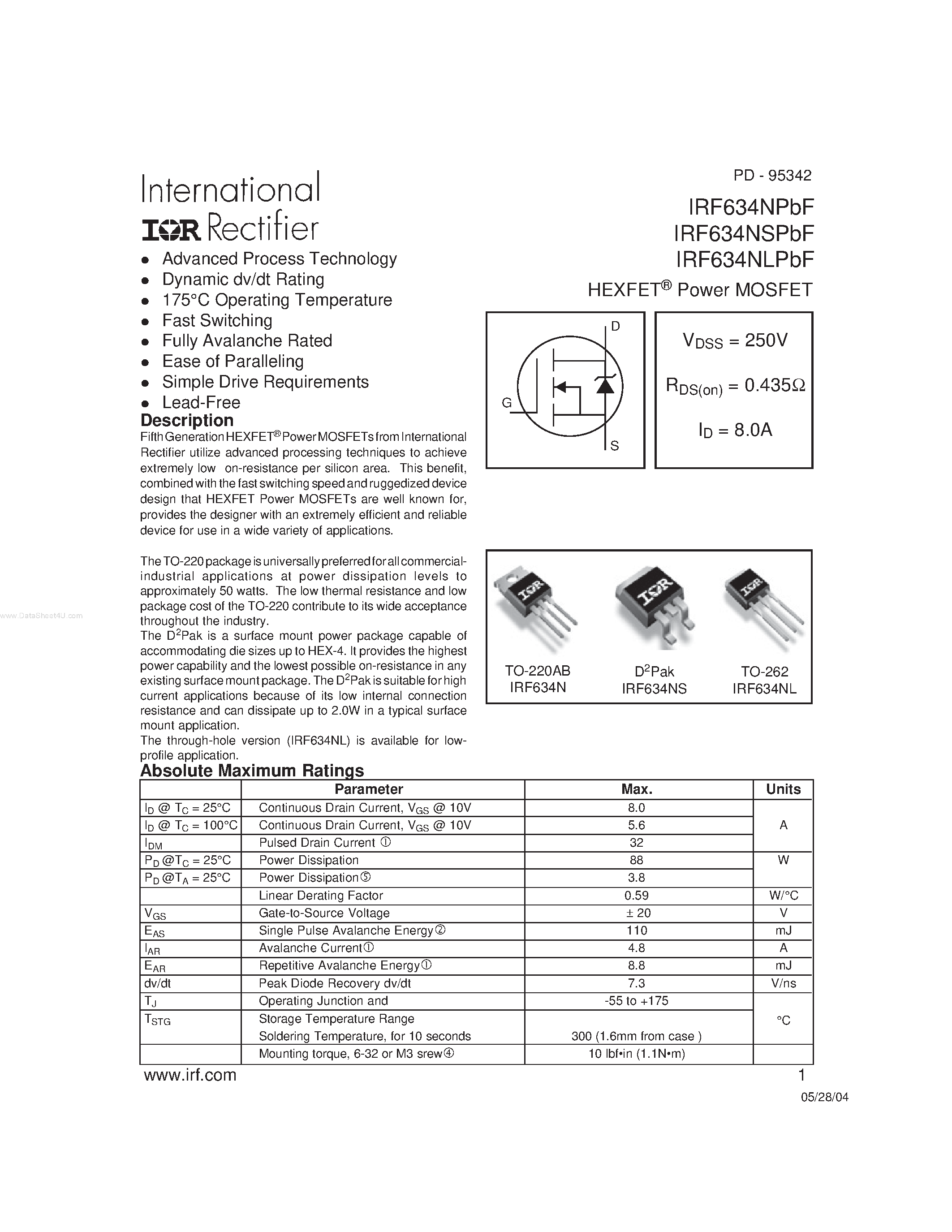 Datasheet IRF634NLPbF page 1 Datasheet IRF634NLPbF - HEXFET Power MOSFET page 1