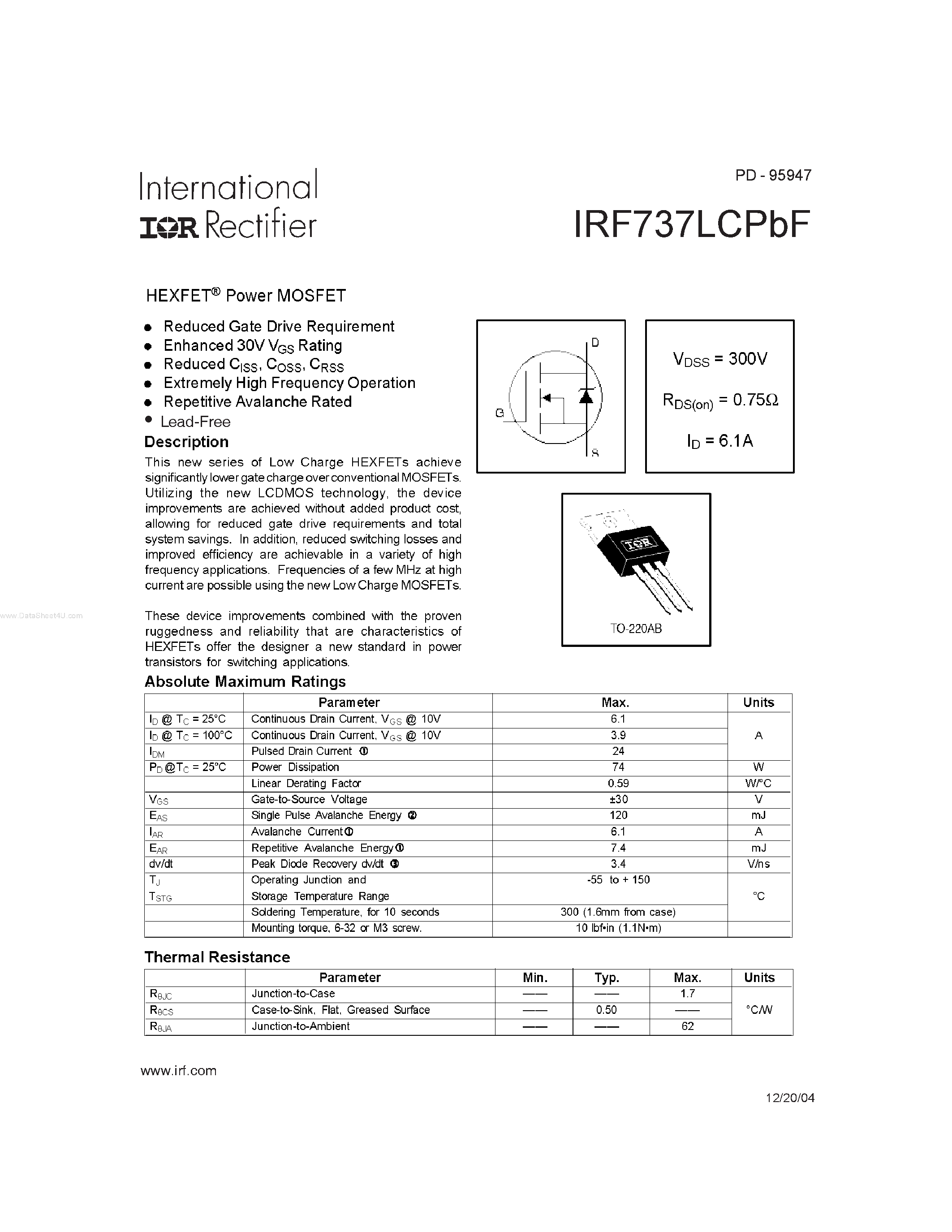Datasheet IRF737LCPBF - HEXFET Power MOSFET page 1