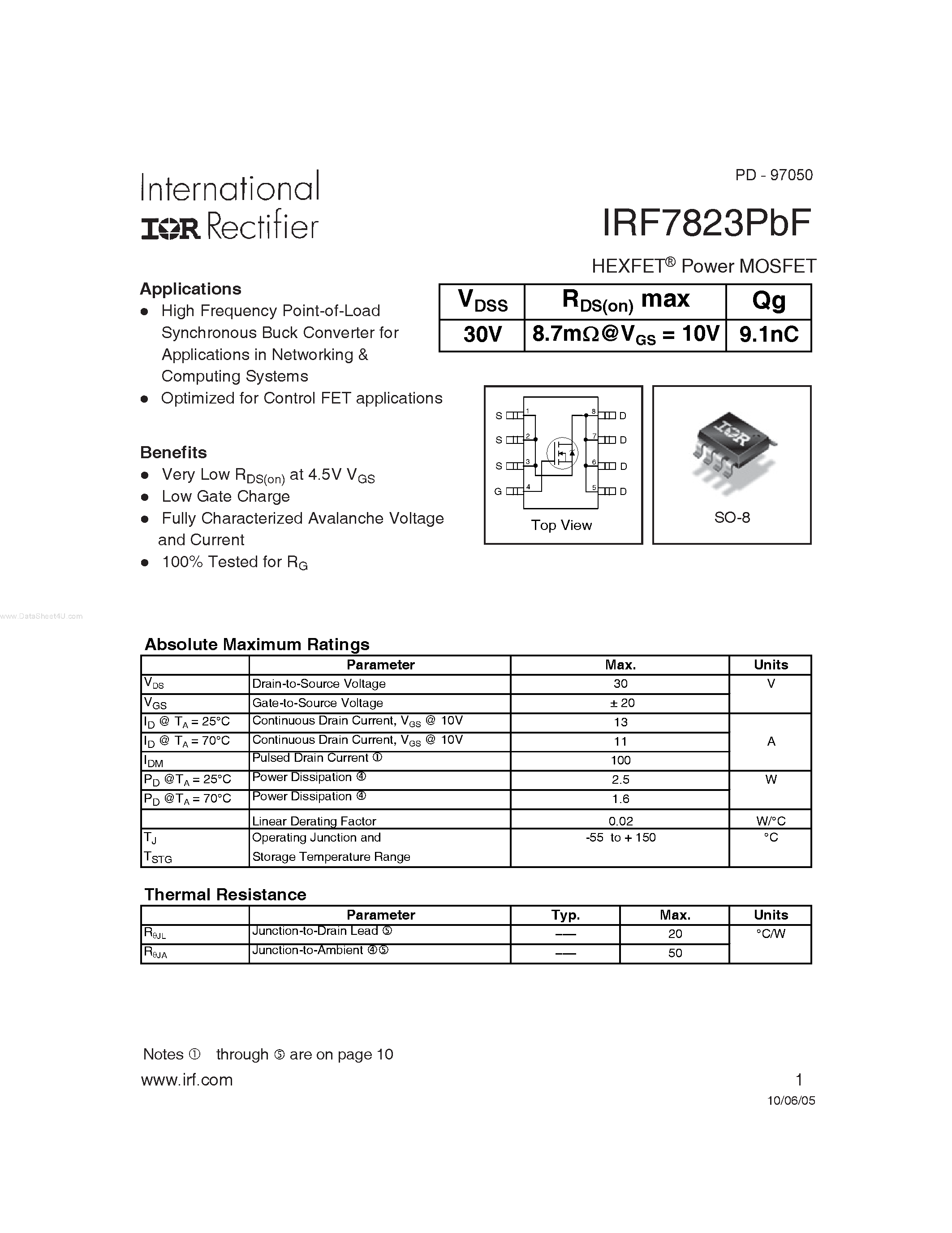 Datasheet IRF7823PBF - Power MOSFET page 1
