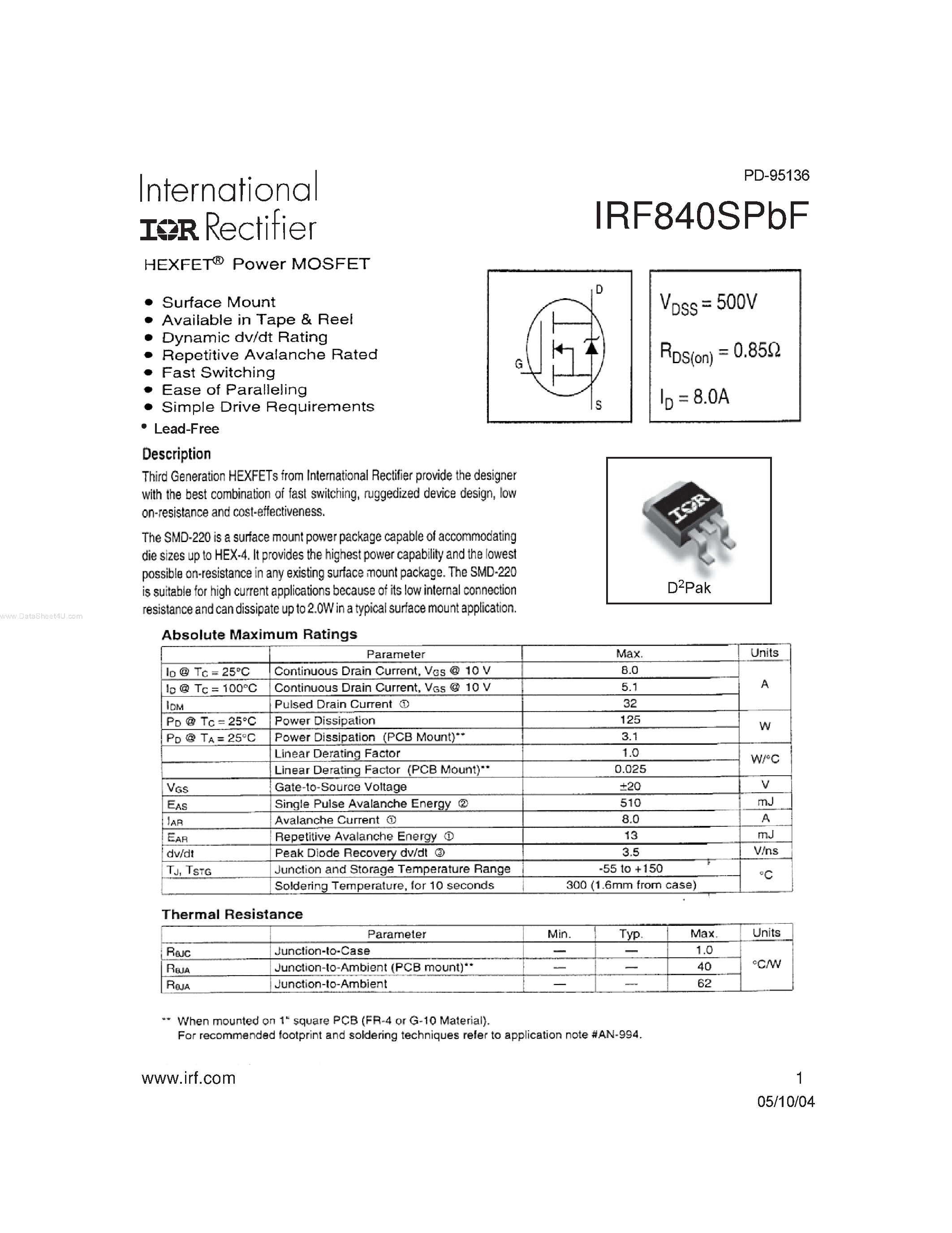 Datasheet IRF840SPBF - HEXFET Power MOSFET page 1